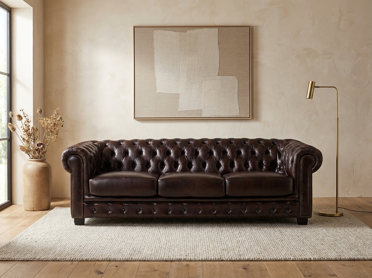 Canapé Chesterfield 4 Places Cuir Marron Chocolat - Brenton