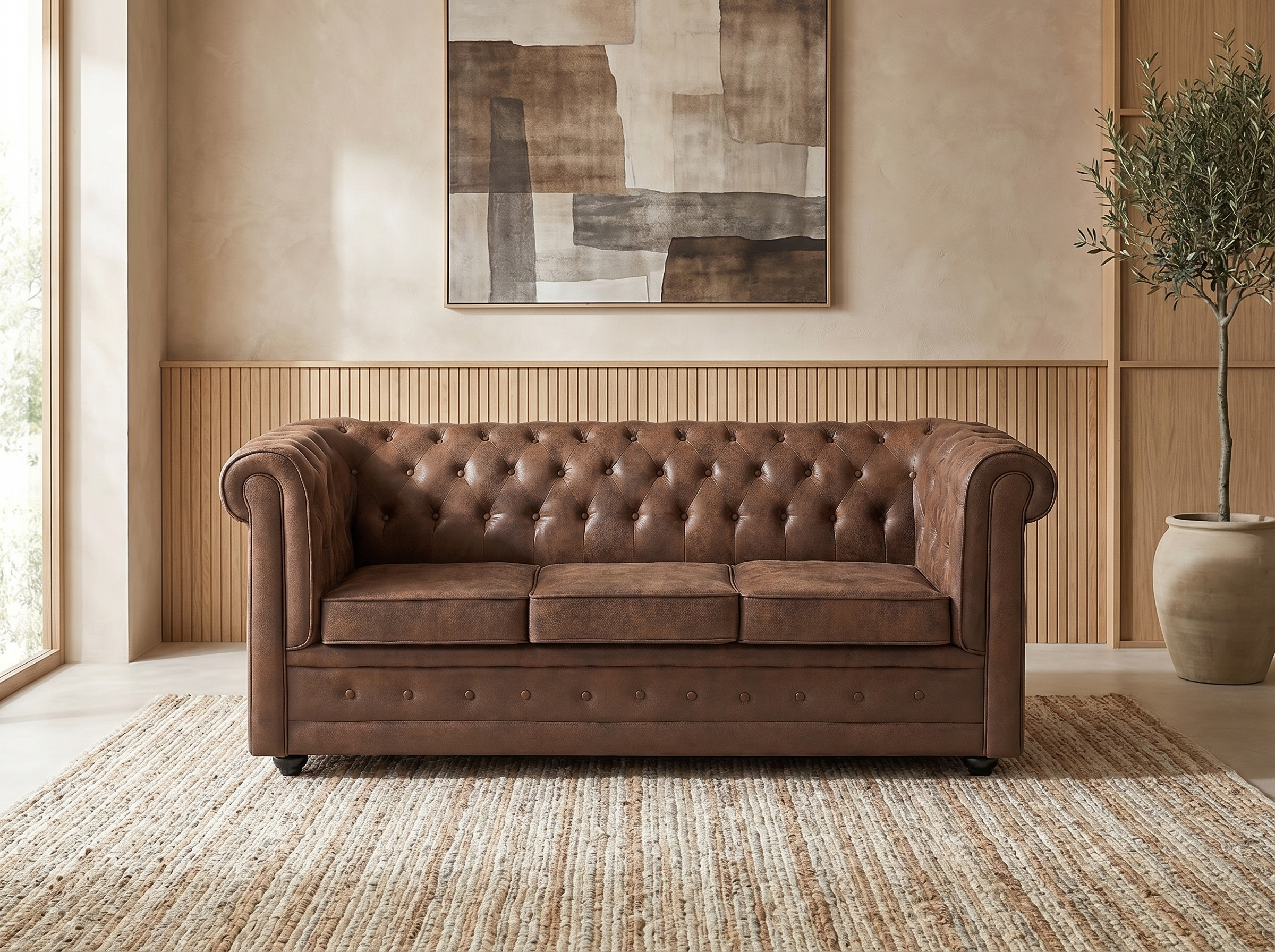 Canapé Chesterfield Convertible 3 Places Simili Cuir Marron