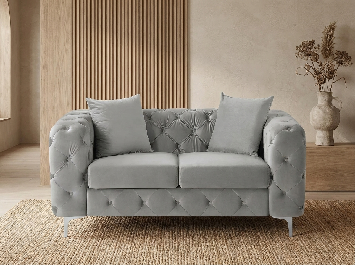 Canapé Chesterfield Moderne 2 Places Velours Gris Clair - Edwina