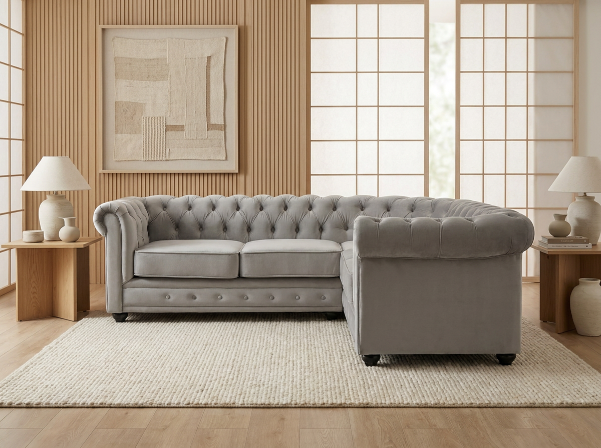 Canapé Chesterfield d'Angle 5 Places Velours Gris Clair