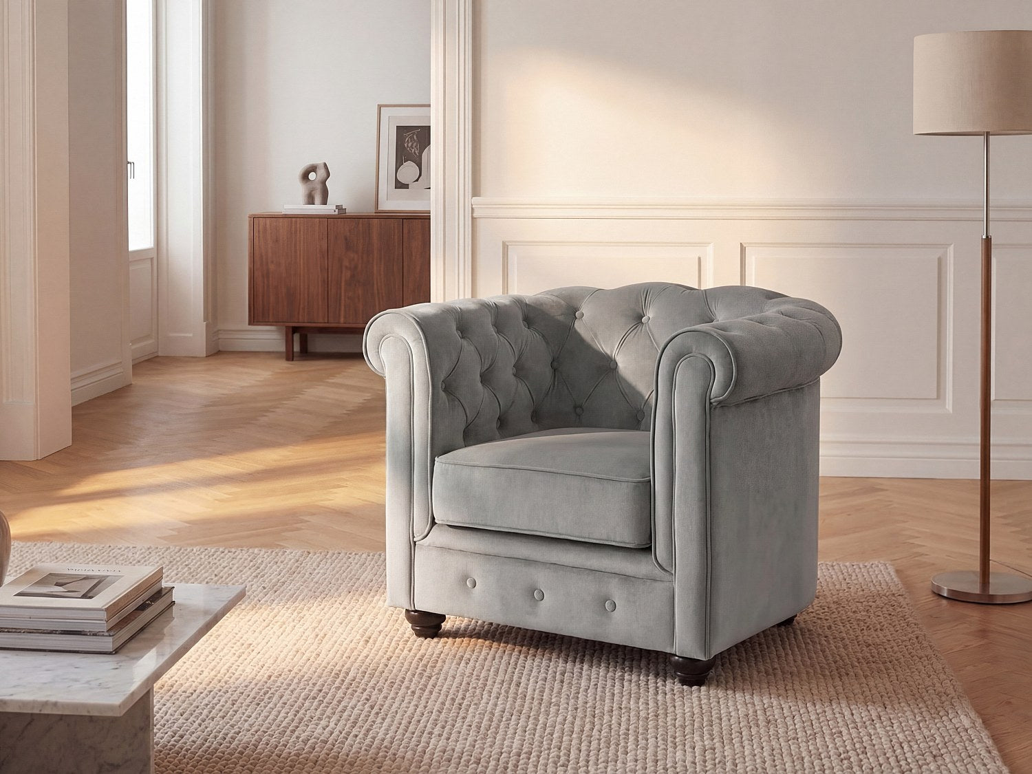 Fauteuil Chesterfield Velours Gris Clair