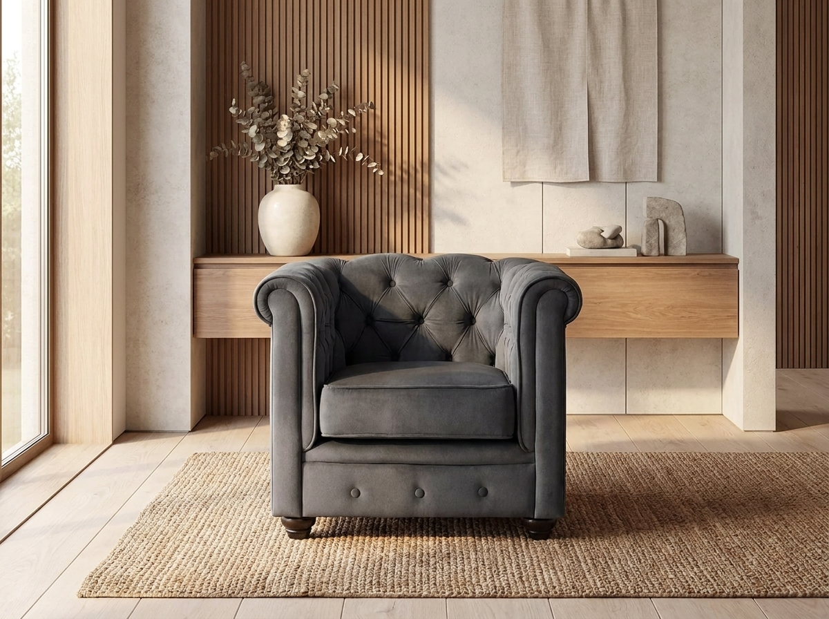 Fauteuil Chesterfield Velours Gris Anthracite