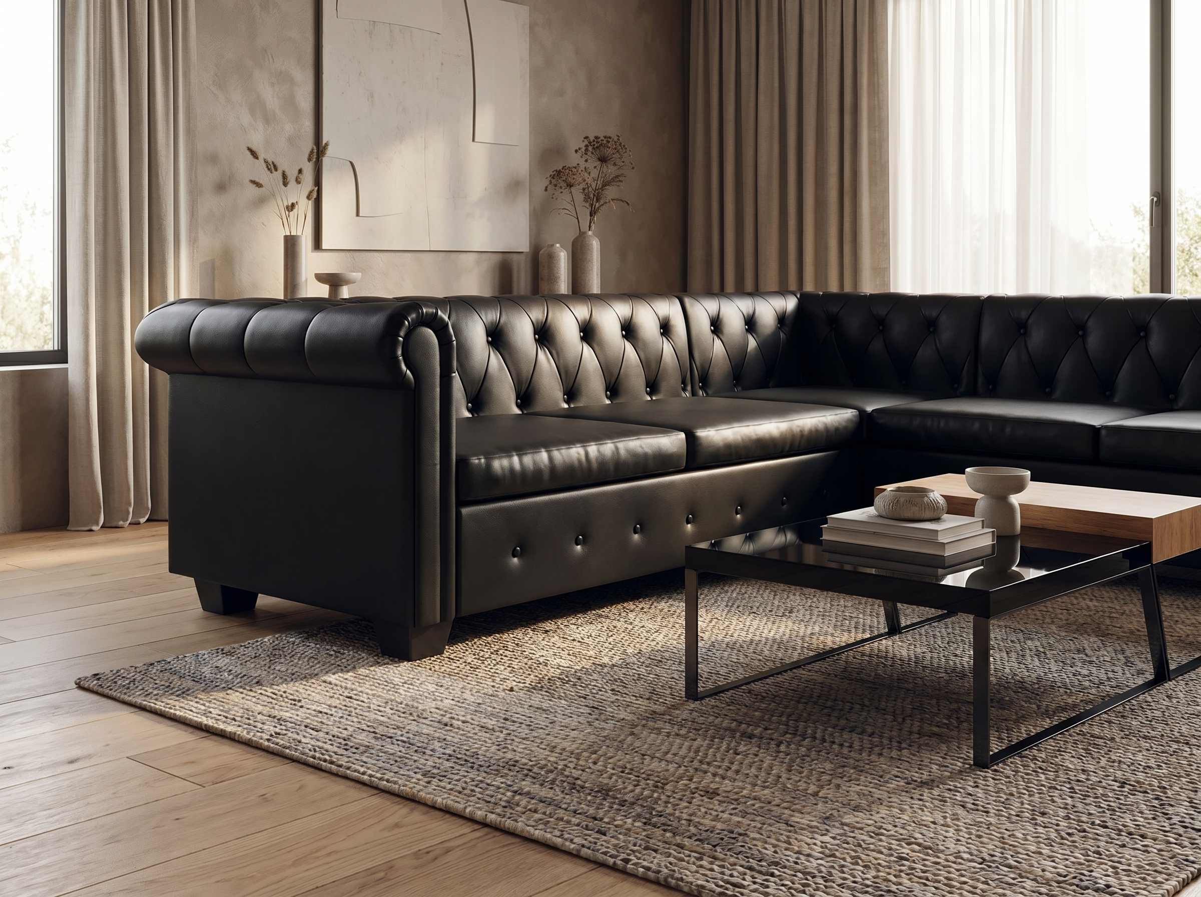 Canapé Chesterfield d'Angle 5 Places Simili Cuir Noir