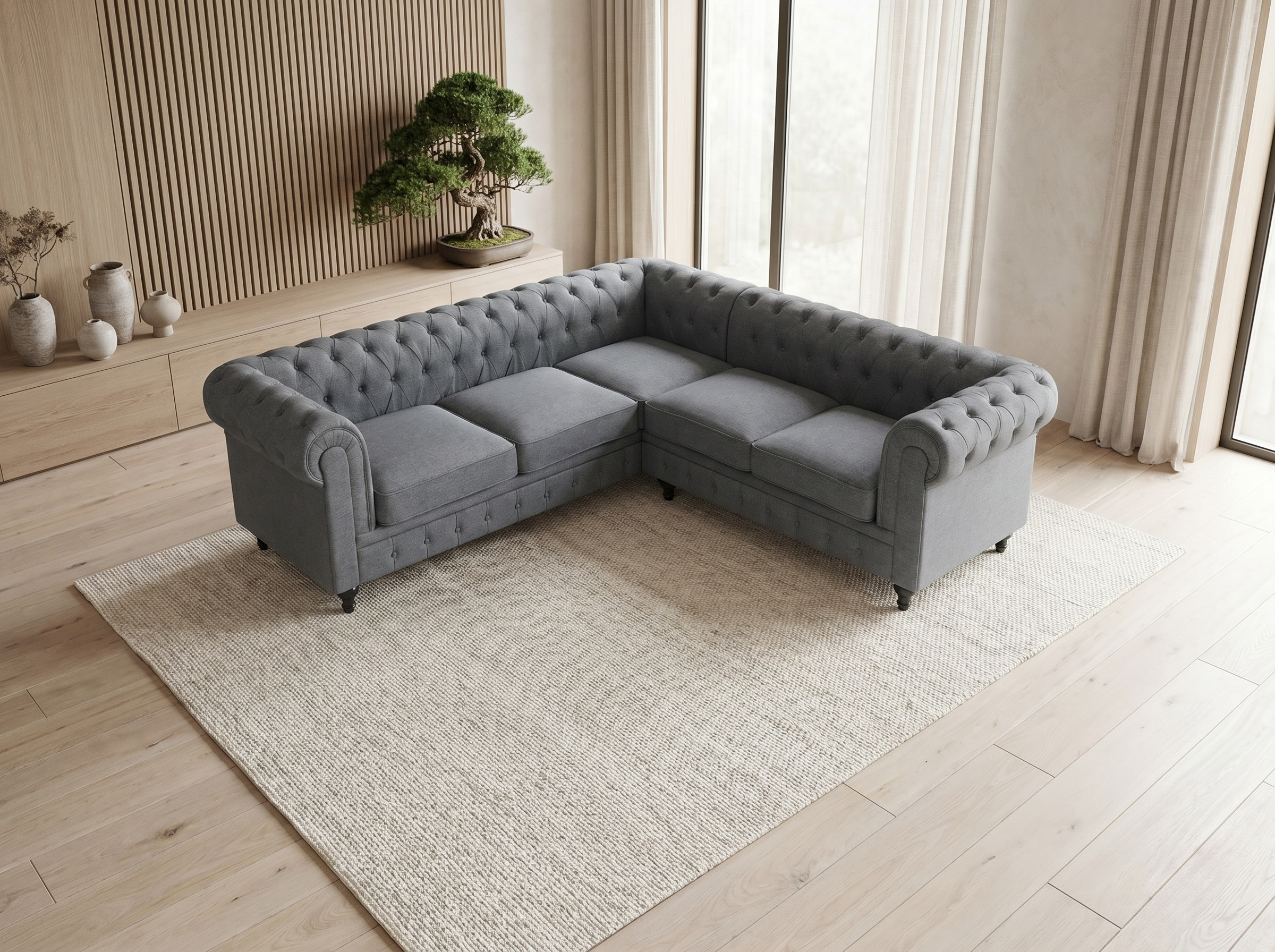 Canapé Chesterfield d'Angle 6 Places Coton Gris