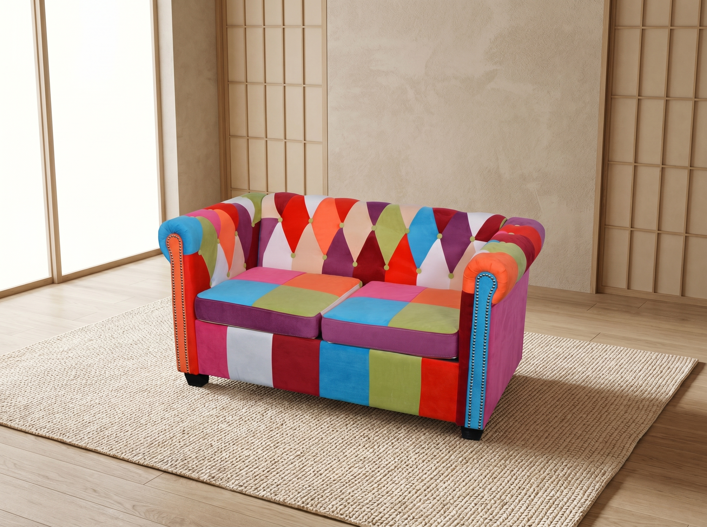 Canapé Chesterfield 2 Places Tissu Multicolore