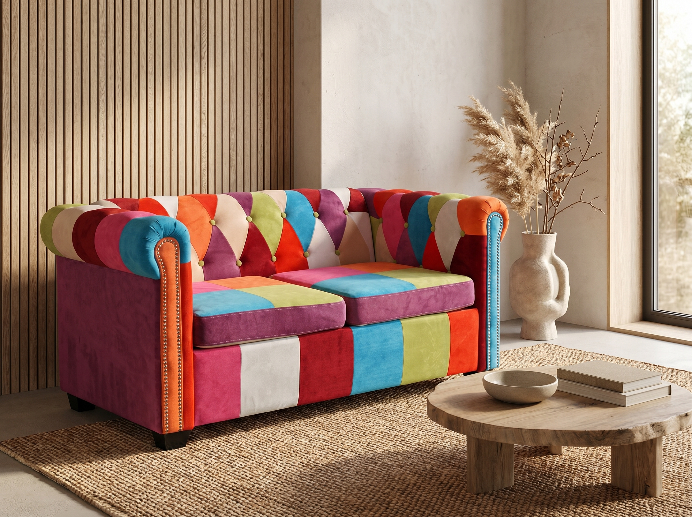 Canapé Chesterfield 2 Places Tissu Multicolore