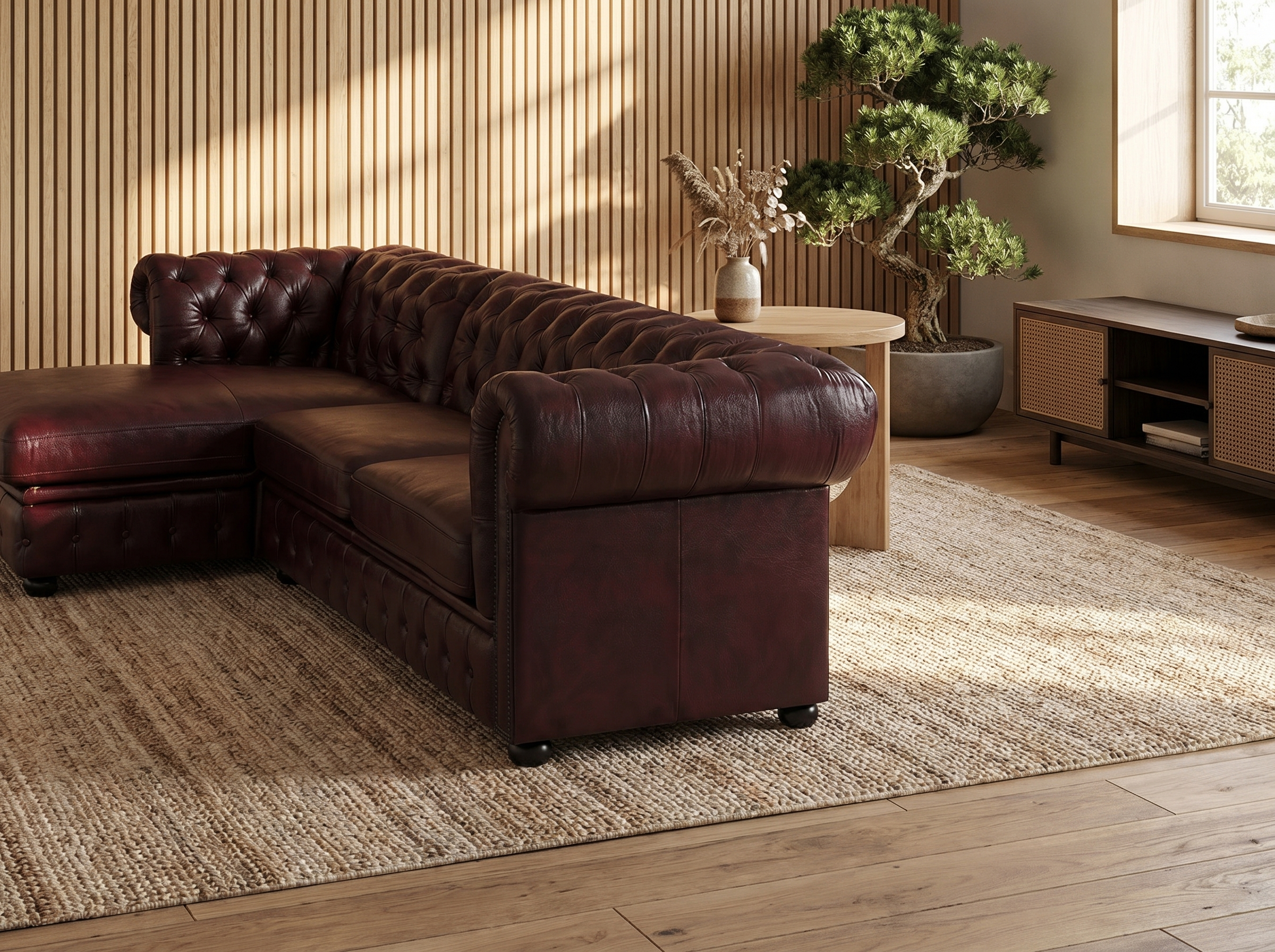 Canapé Chesterfield d'Angle 5 Places Cuir Marron Chocolat - Brenton