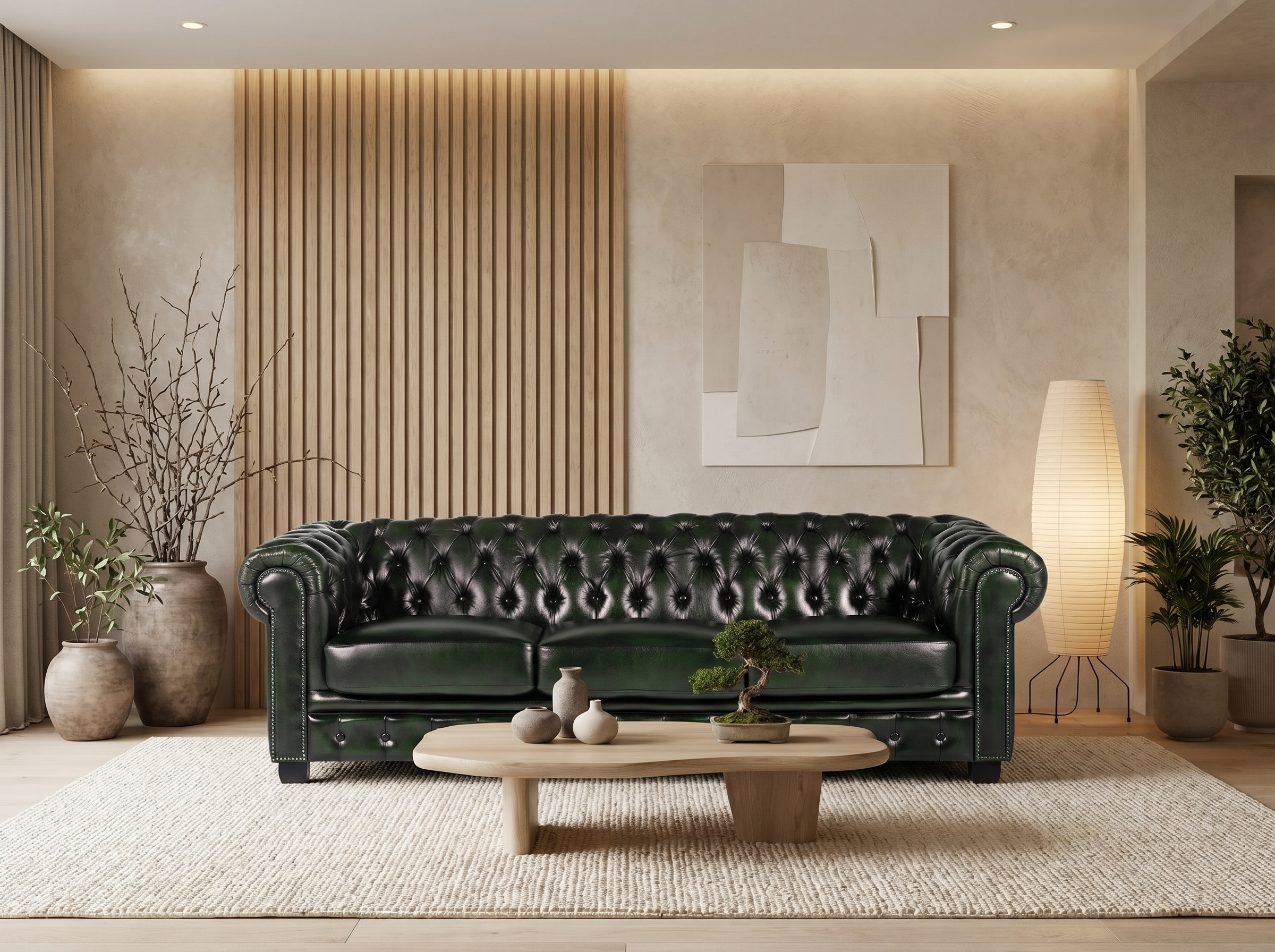 Canapé Chesterfield 4 Places Cuir Vert Sapin - Brenton