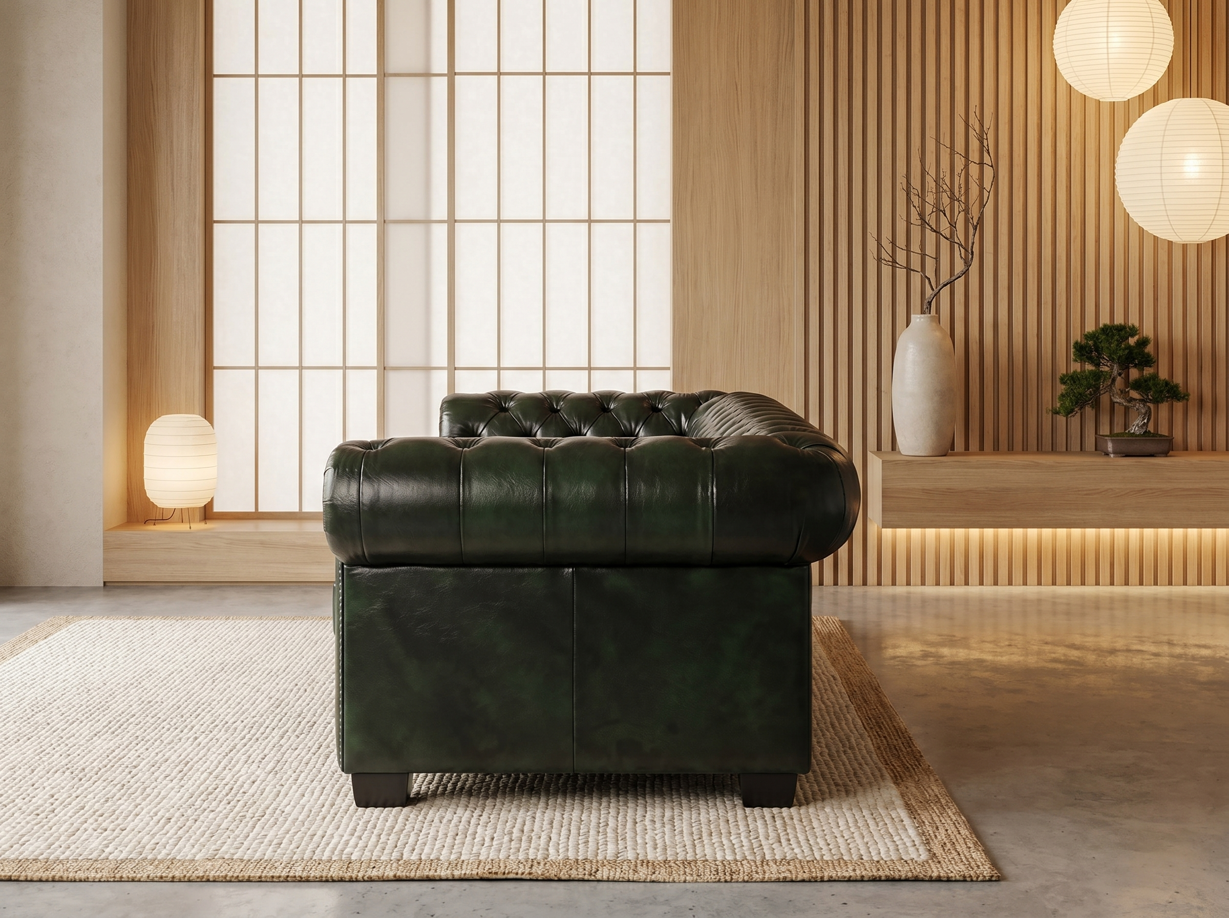 Canapé Chesterfield 4 Places Cuir Vert Sapin - Brenton