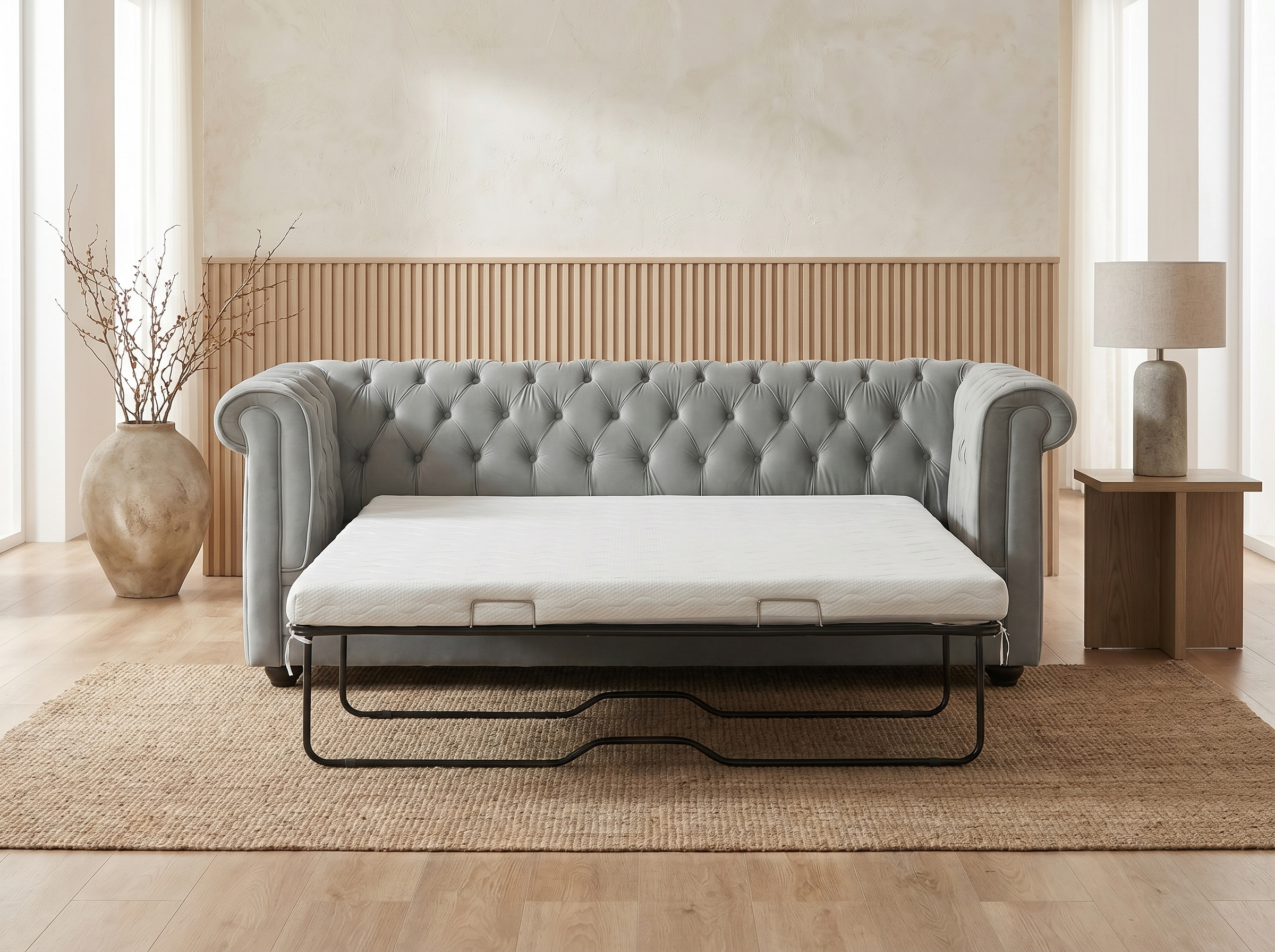Canapé Chesterfield Convertible 3 Places Velours Gris Clair