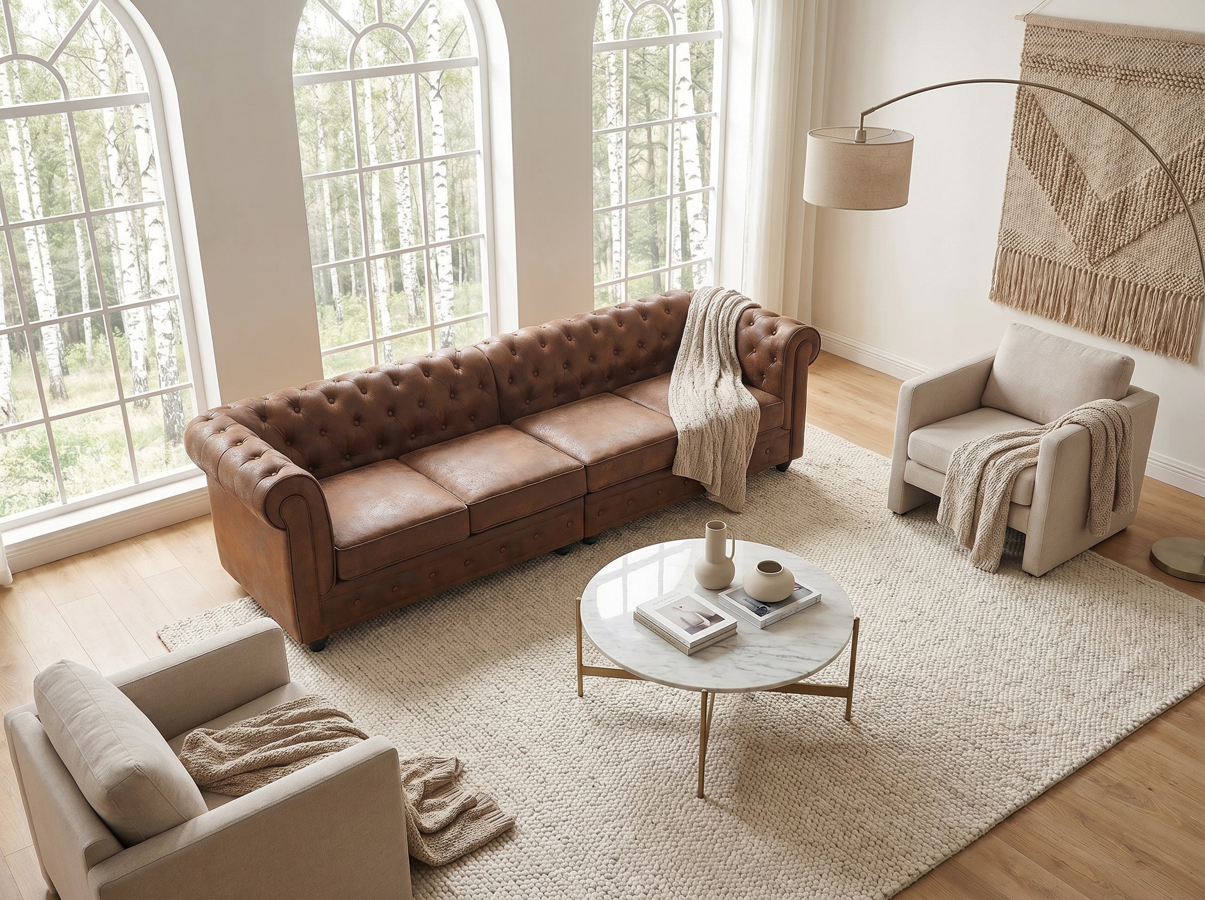 Canapé Chesterfield 4 Places Tissu Microfibre Vieilli Marron