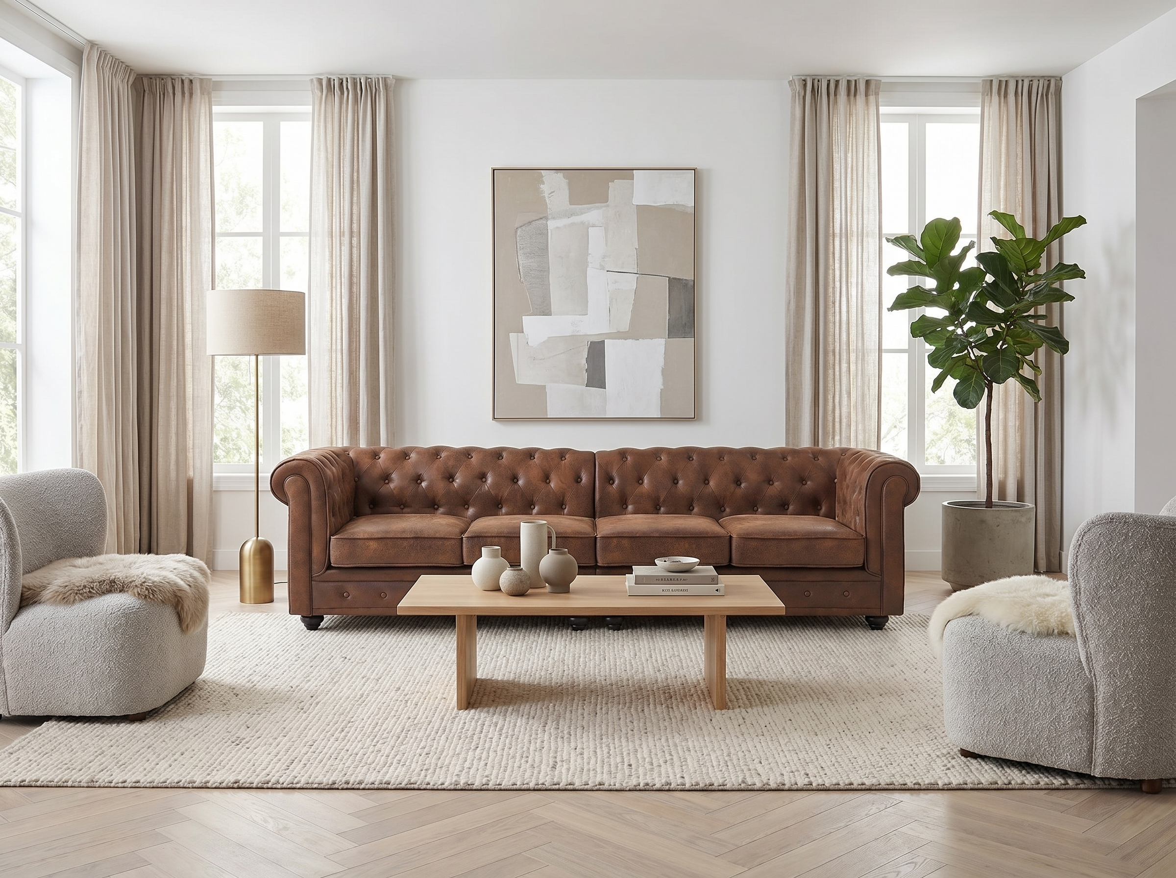 Canapé Chesterfield 4 Places Tissu Microfibre Vieilli Marron