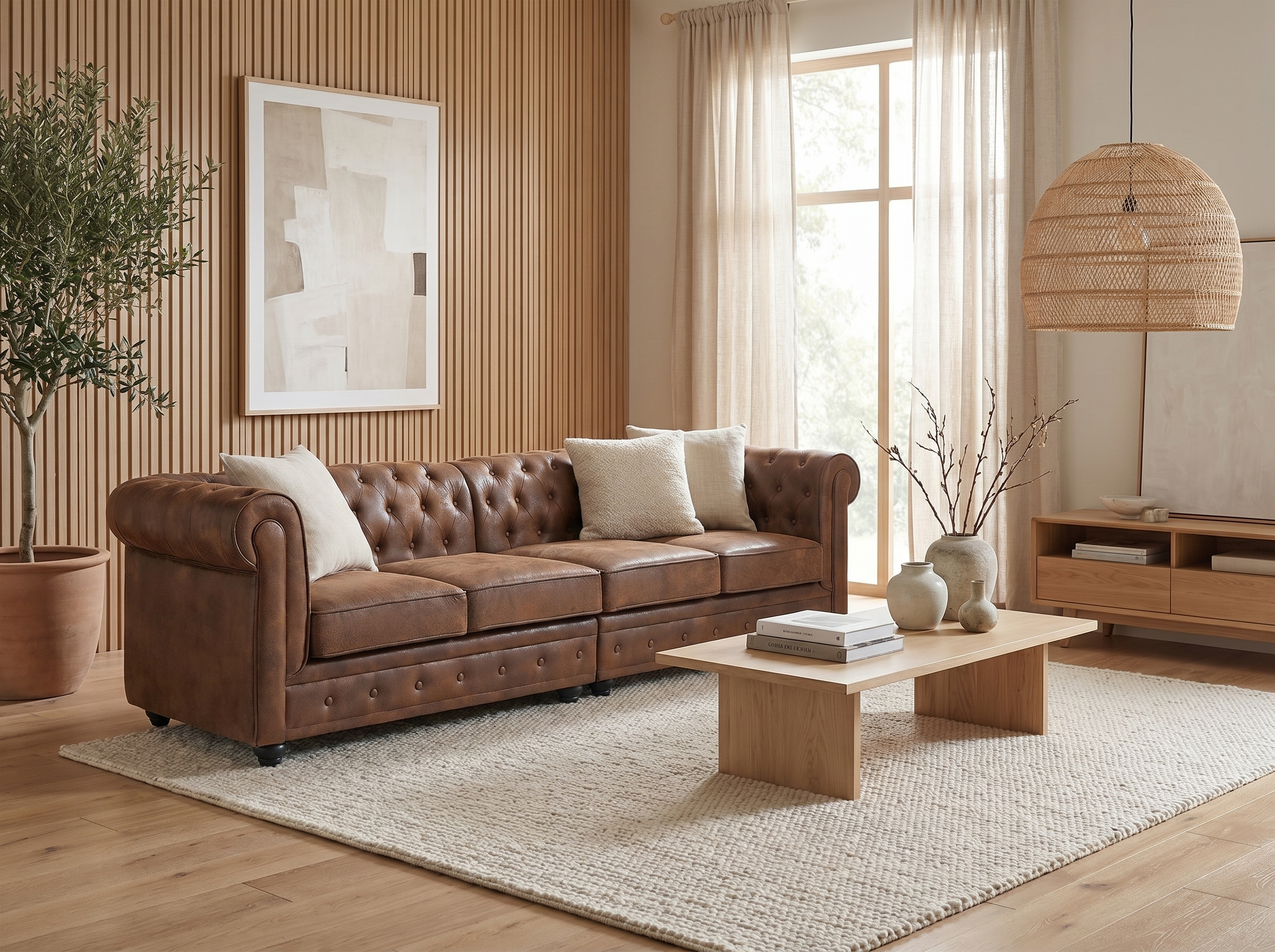 Canapé Chesterfield 4 Places Tissu Microfibre Vieilli Marron