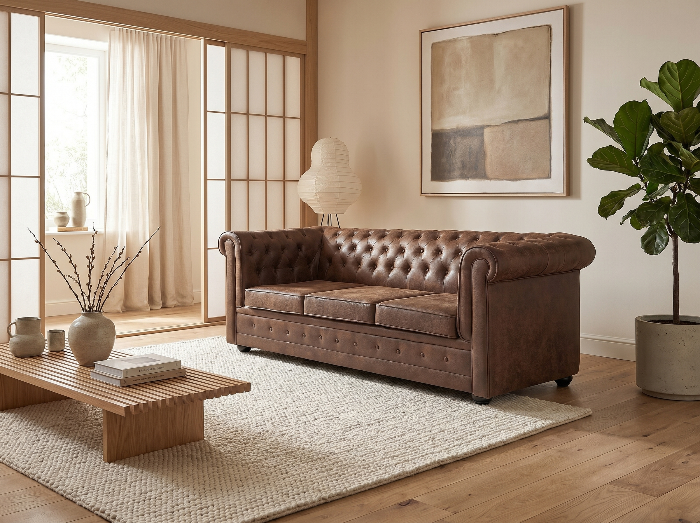 Canapé Chesterfield 3 Places Tissu Microfibre Vieilli Marron