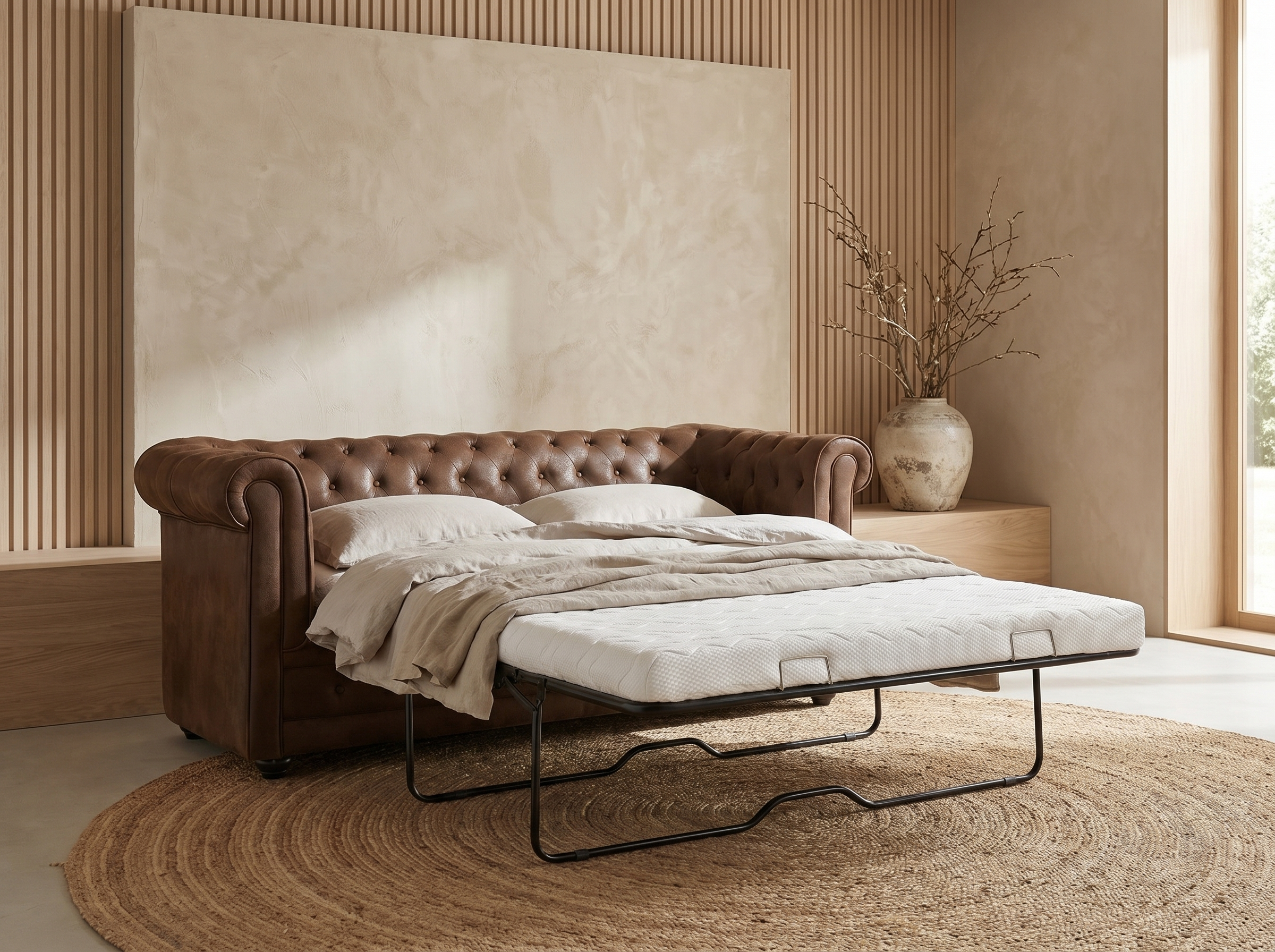 Canapé Chesterfield 3 Places Tissu Microfibre Vieilli Marron