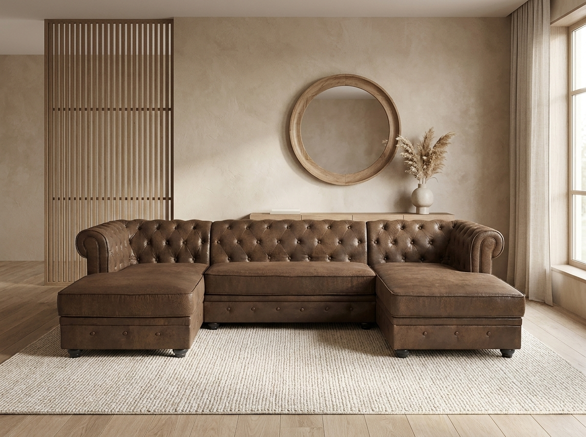 Canapé Chesterfield Panoramique 5 Places Simili Cuir Vieilli Marron