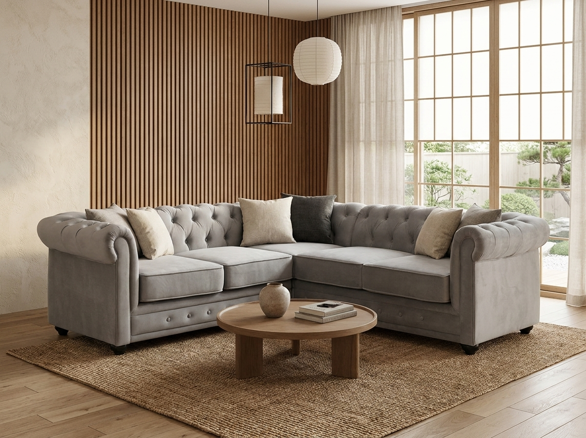 Canapé Chesterfield d'Angle 5 Places Velours Gris Clair