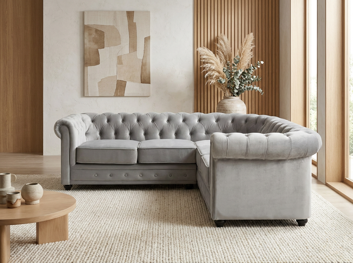 Canapé Chesterfield d'Angle 5 Places Velours Gris Clair
