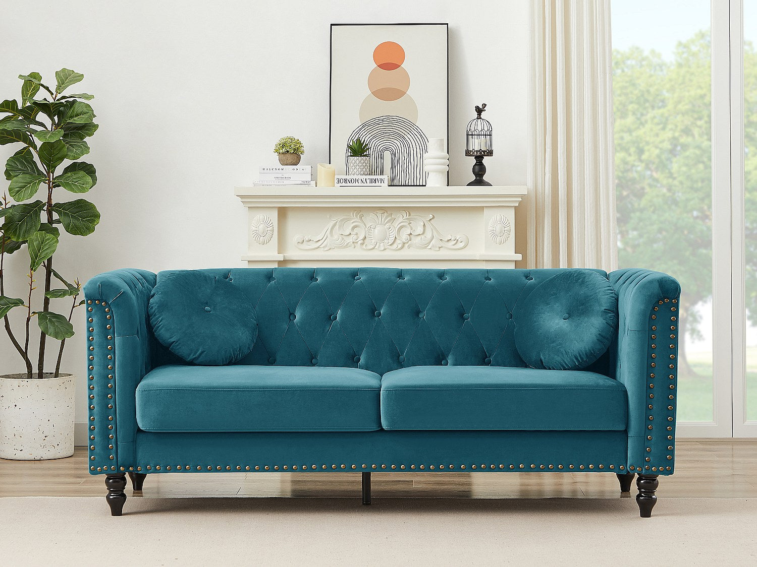 Canapé Chesterfield droit 3 places bleu velours - Turner