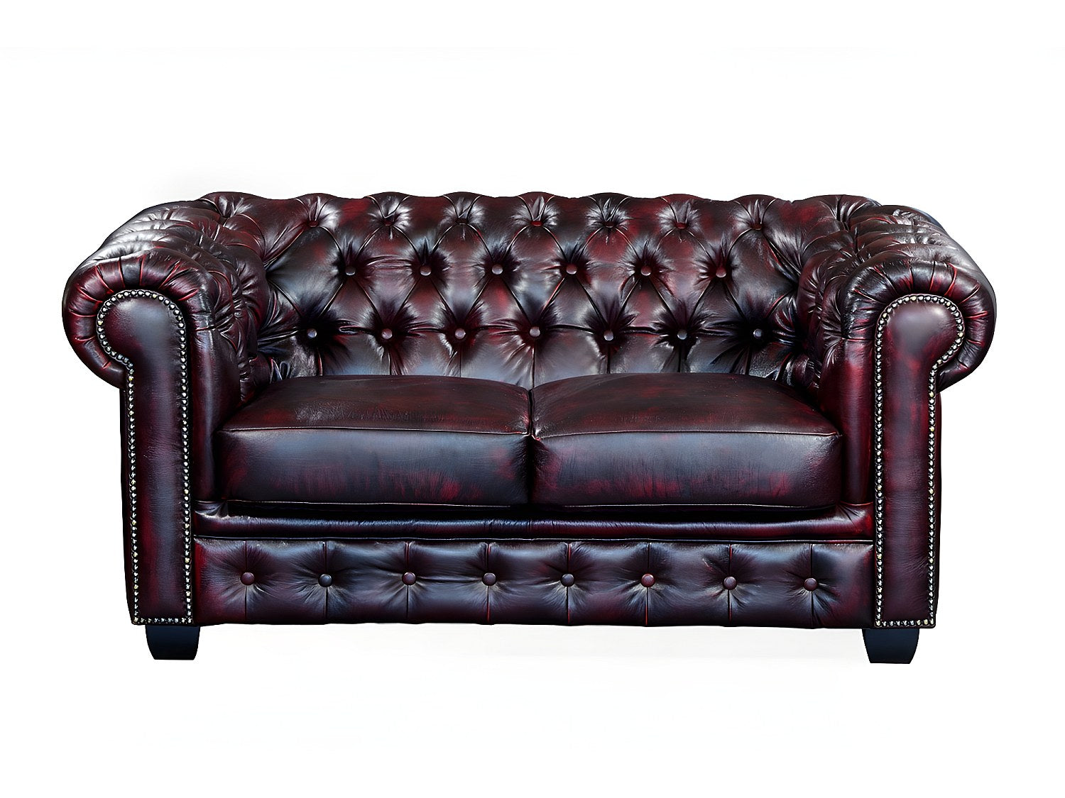 Canapé Chesterfield droit 2 places rouge cuir - Brenton