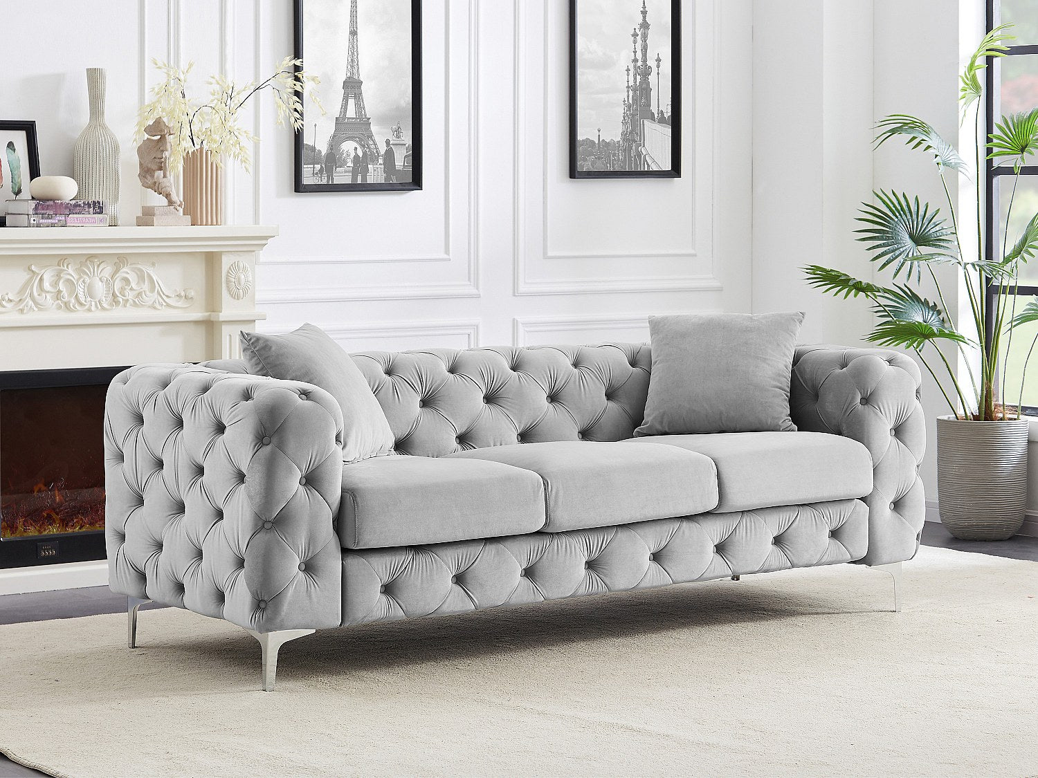Canapé Chesterfield droit 3 places gris velours - Edwina