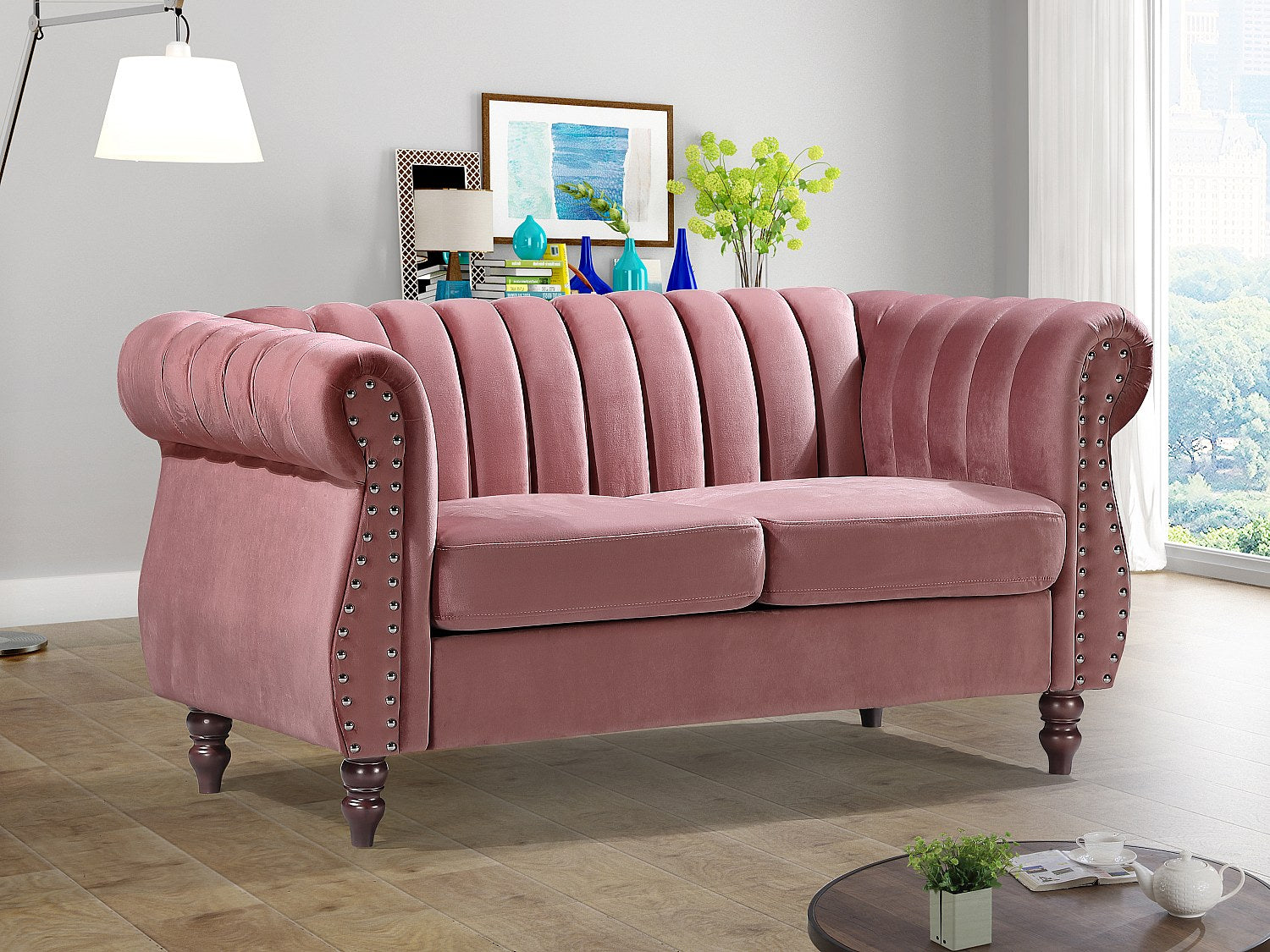 Canapé Chesterfield droit 2 places rose velours - Trumbo