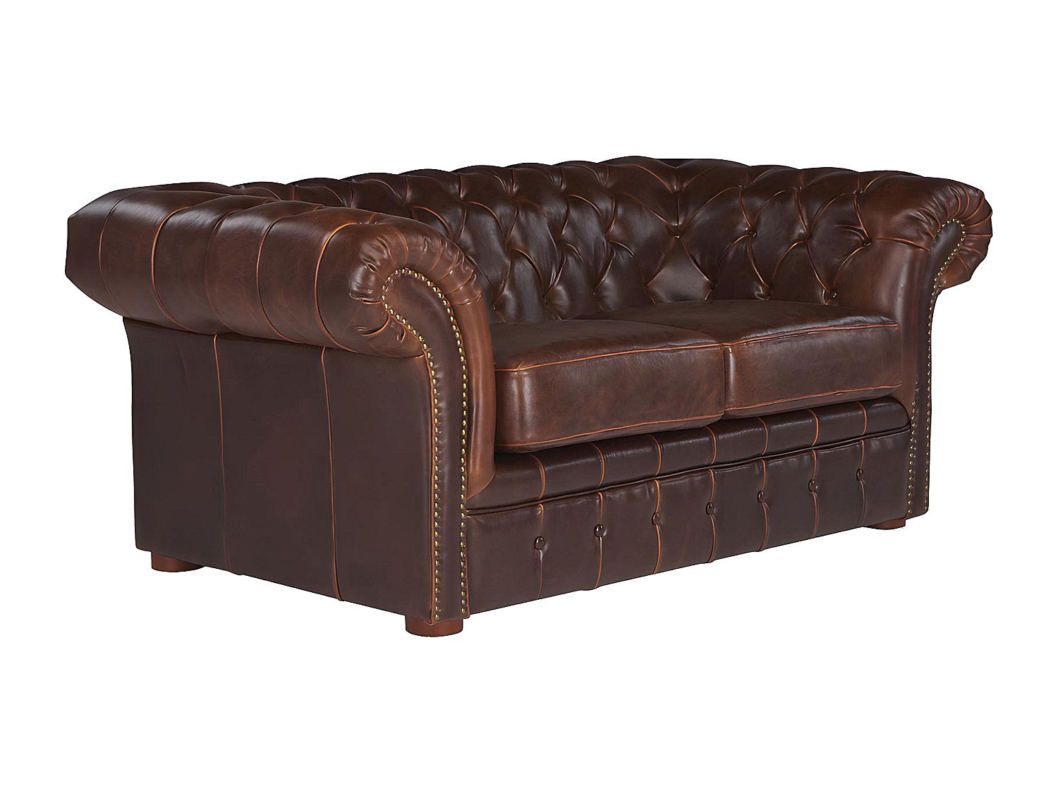 Canapé Chesterfield droit 2 places marron cuir - Clotaire