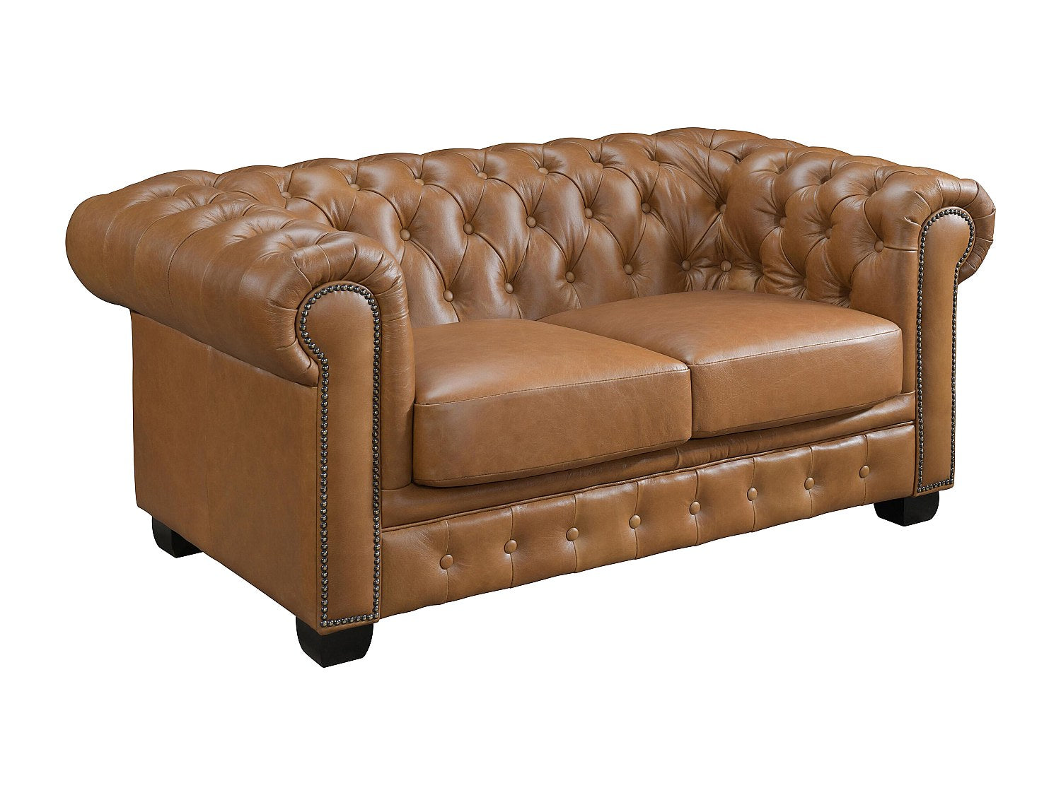 Canapé Chesterfield droit 2 places marron cuir - Brenton