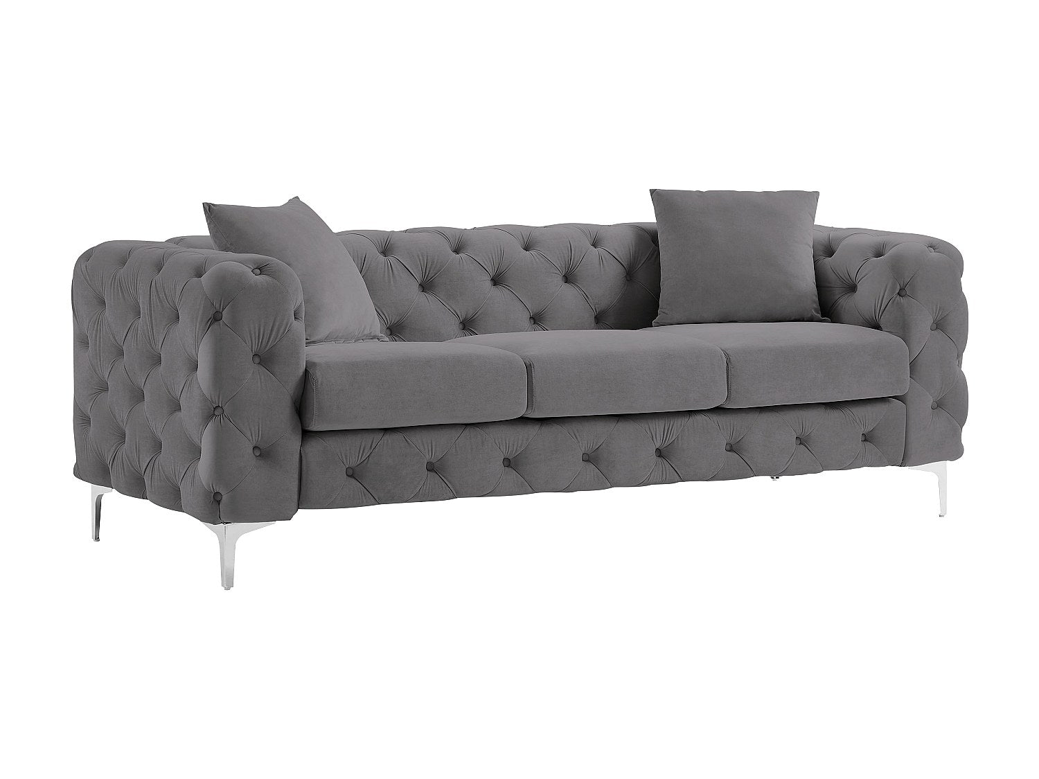 Canapé Chesterfield droit 3 places gris velours - Edwina