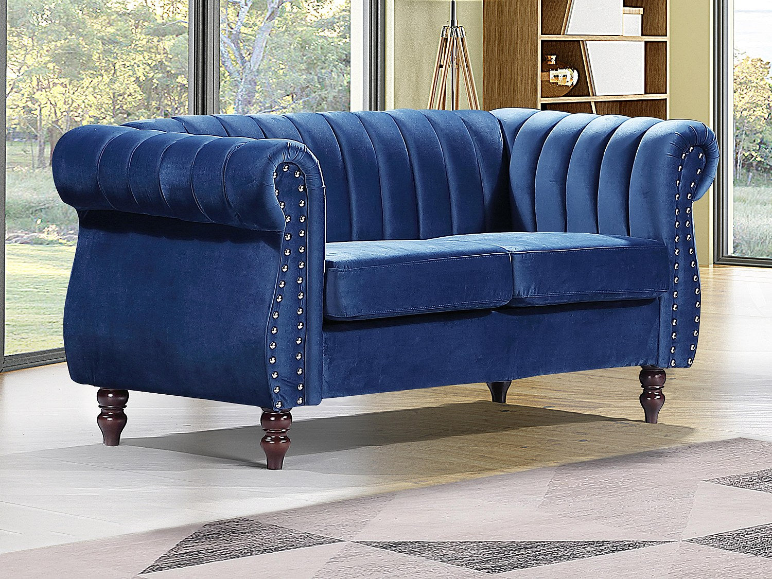 Canapé Chesterfield droit 2 places bleu velours - Trumbo