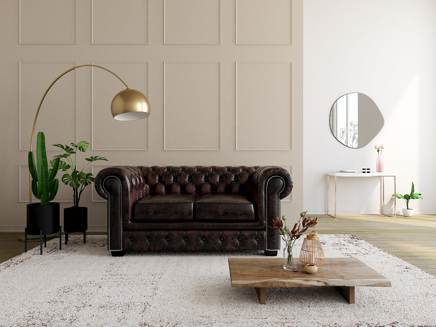 Canapé Chesterfield droit 2 places marron cuir - Brenton
