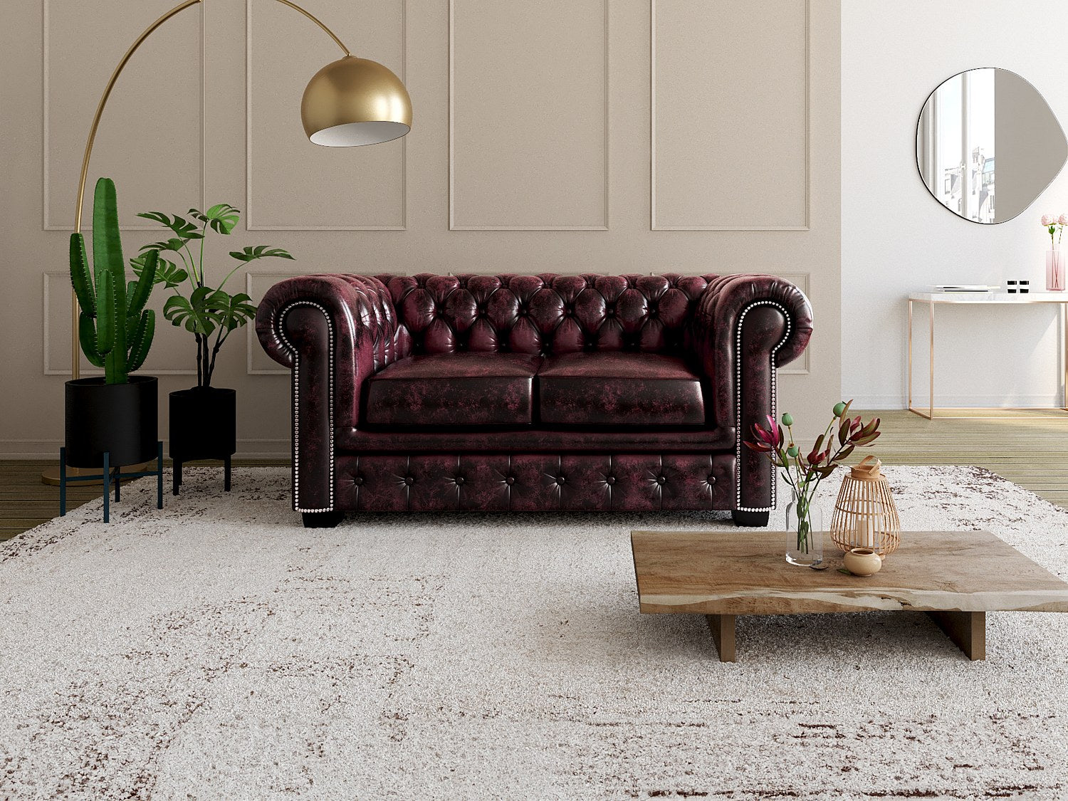 Canapé Chesterfield droit 2 places rouge cuir - Brenton