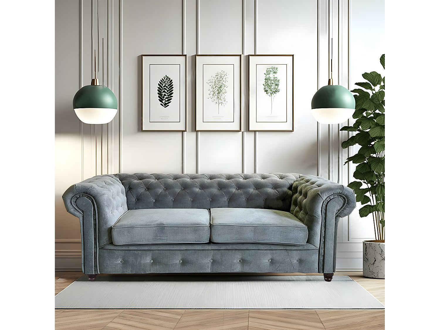 Canapé Chesterfield droit 3 places gris tissu