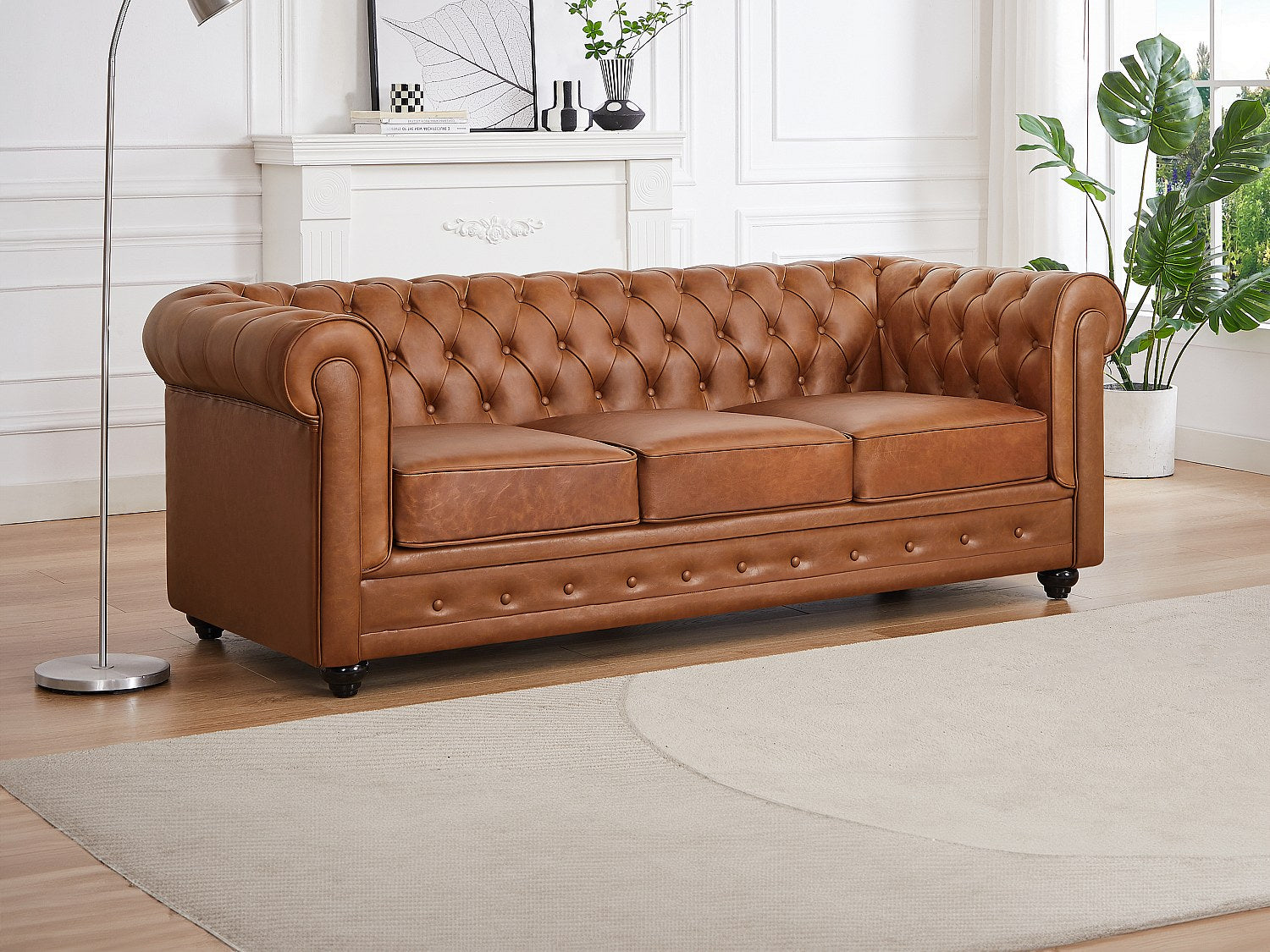 Canapé Chesterfield droit 3 places marron cuir