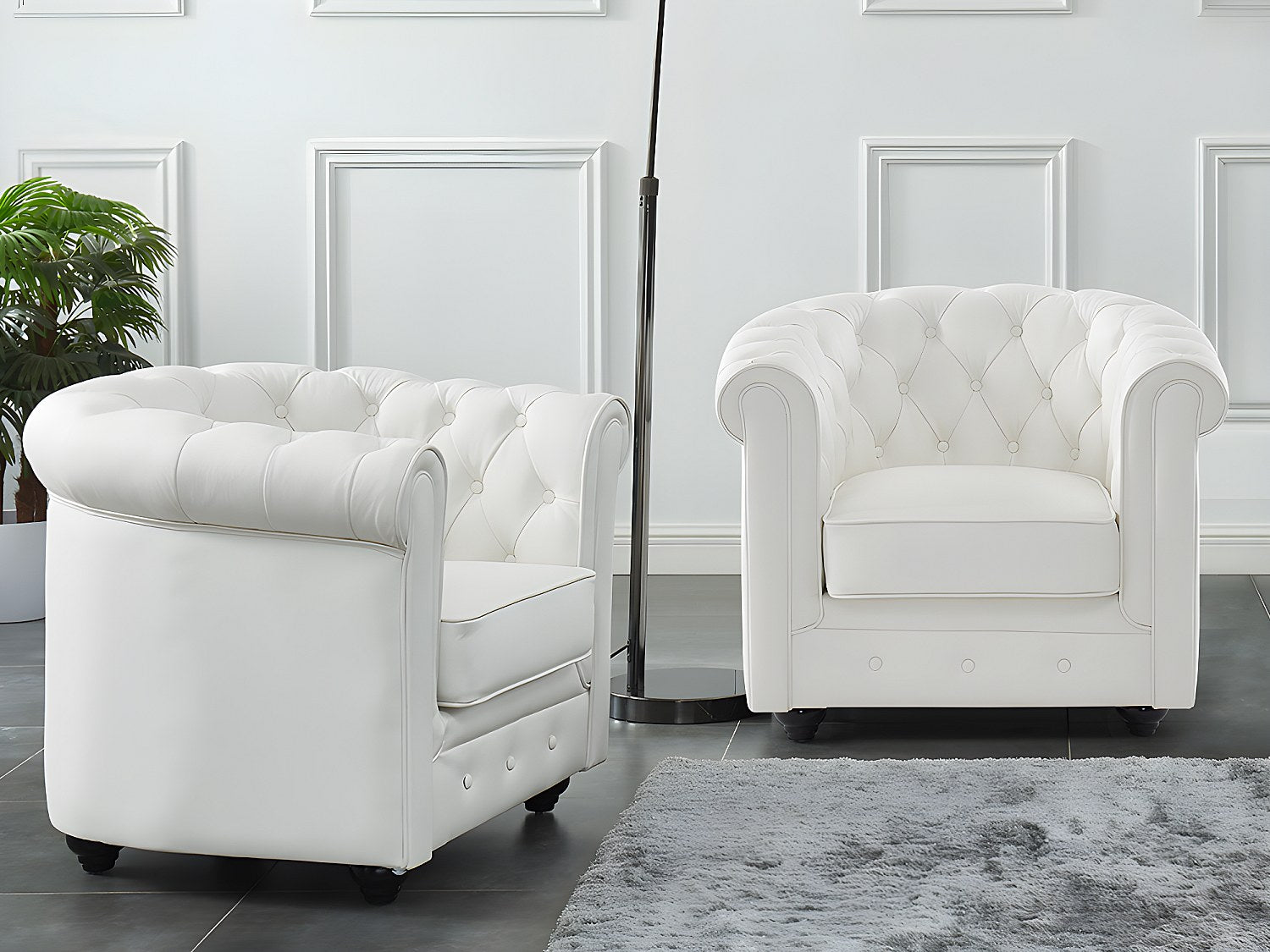 Lot de 2 fauteuils Chesterfield blanc cuir
