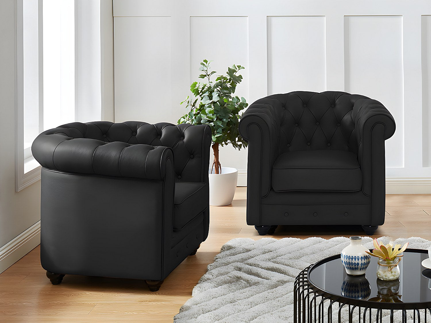 Lot de 2 fauteuils Chesterfield noir cuir