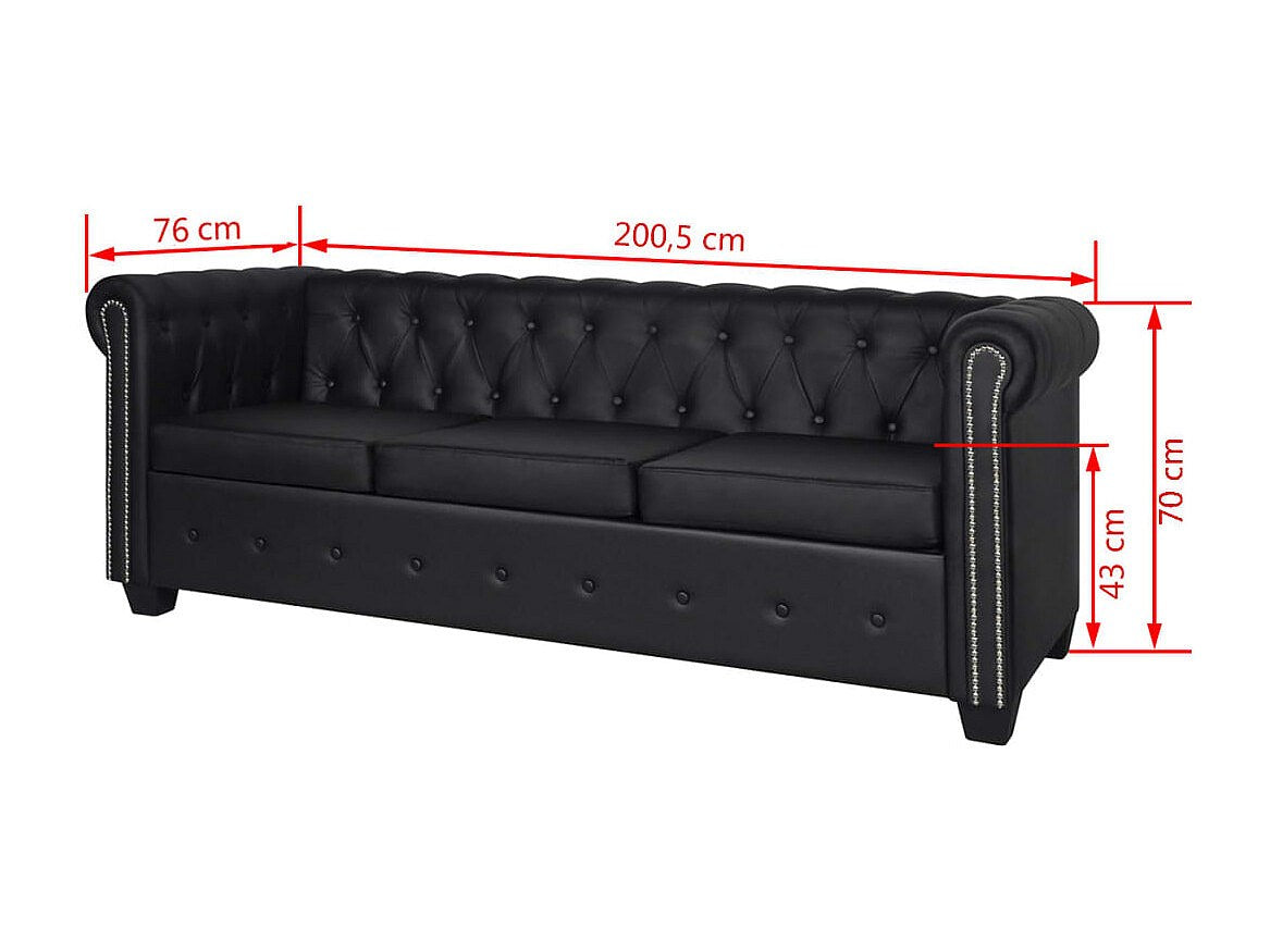 Canapé Chesterfield droit 3 places noir simili cuir