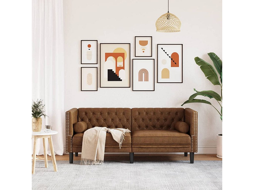 Canapé Chesterfield droit 2 places marron simili cuir