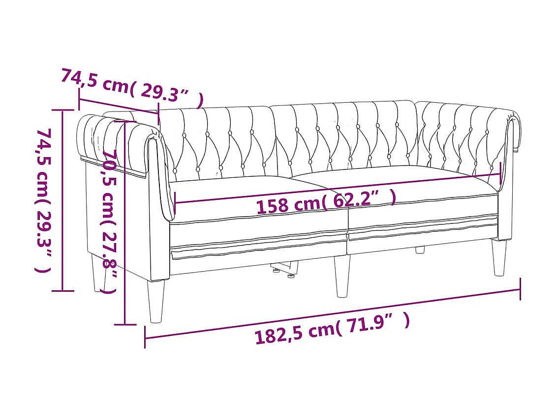 Canapé Chesterfield droit 2 places noir tissu