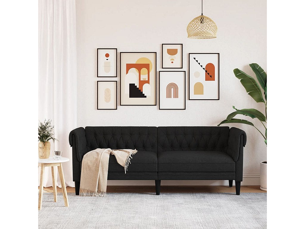 Canapé Chesterfield droit 3 places noir tissu