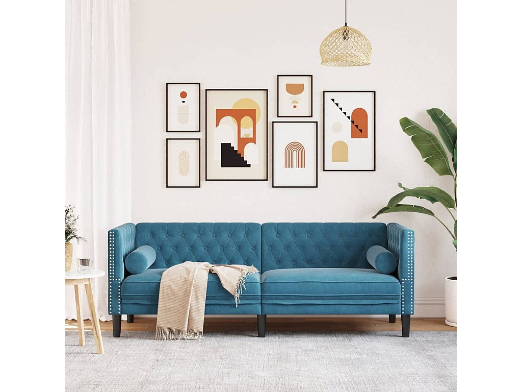 Canapé Chesterfield droit 3 places bleu velours
