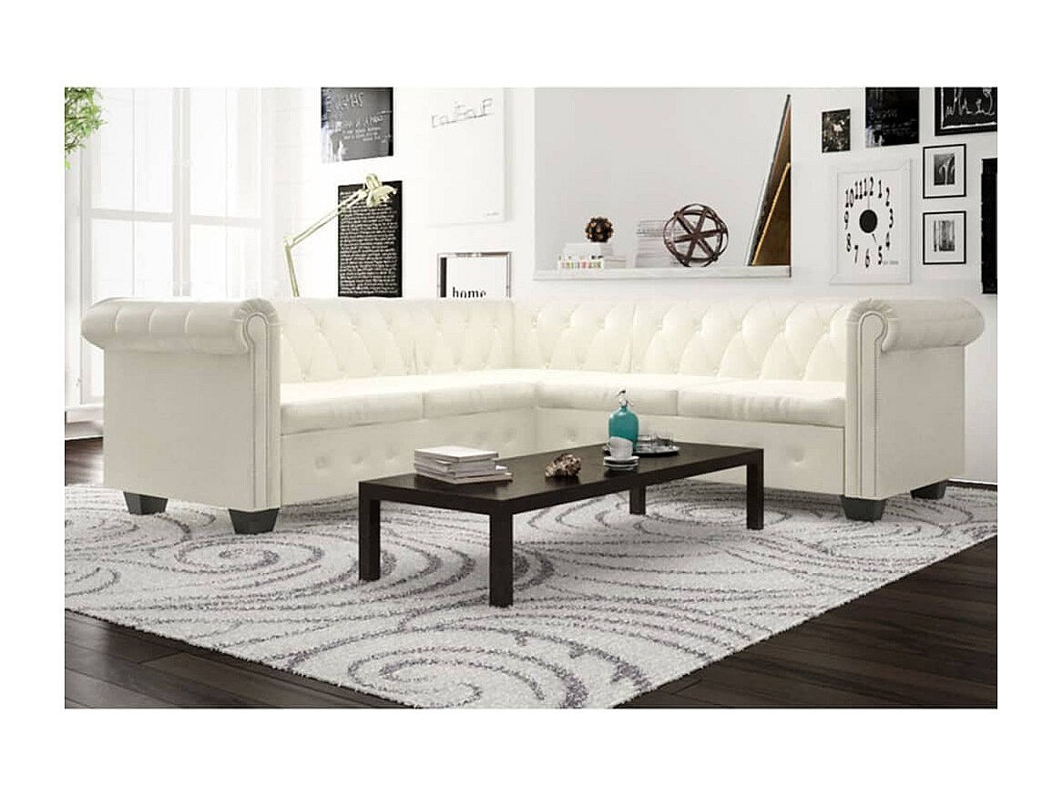 Canapé Chesterfield angle 5 places blanc simili cuir