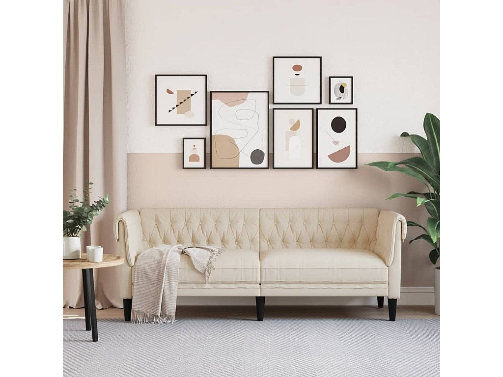 Canapé Chesterfield droit 3 places beige tissu