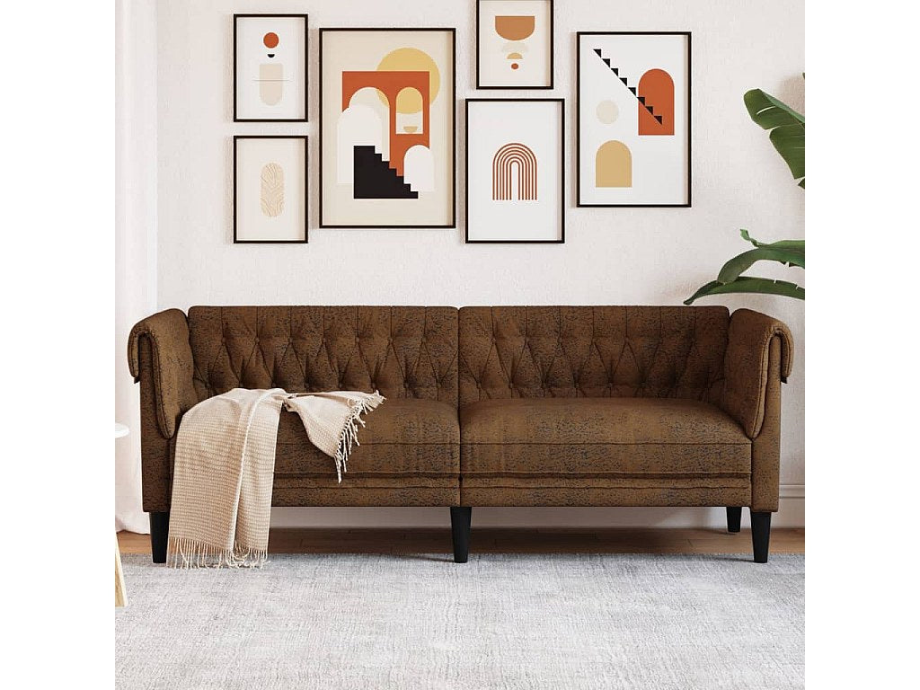Canapé Chesterfield droit 3 places marron tissu