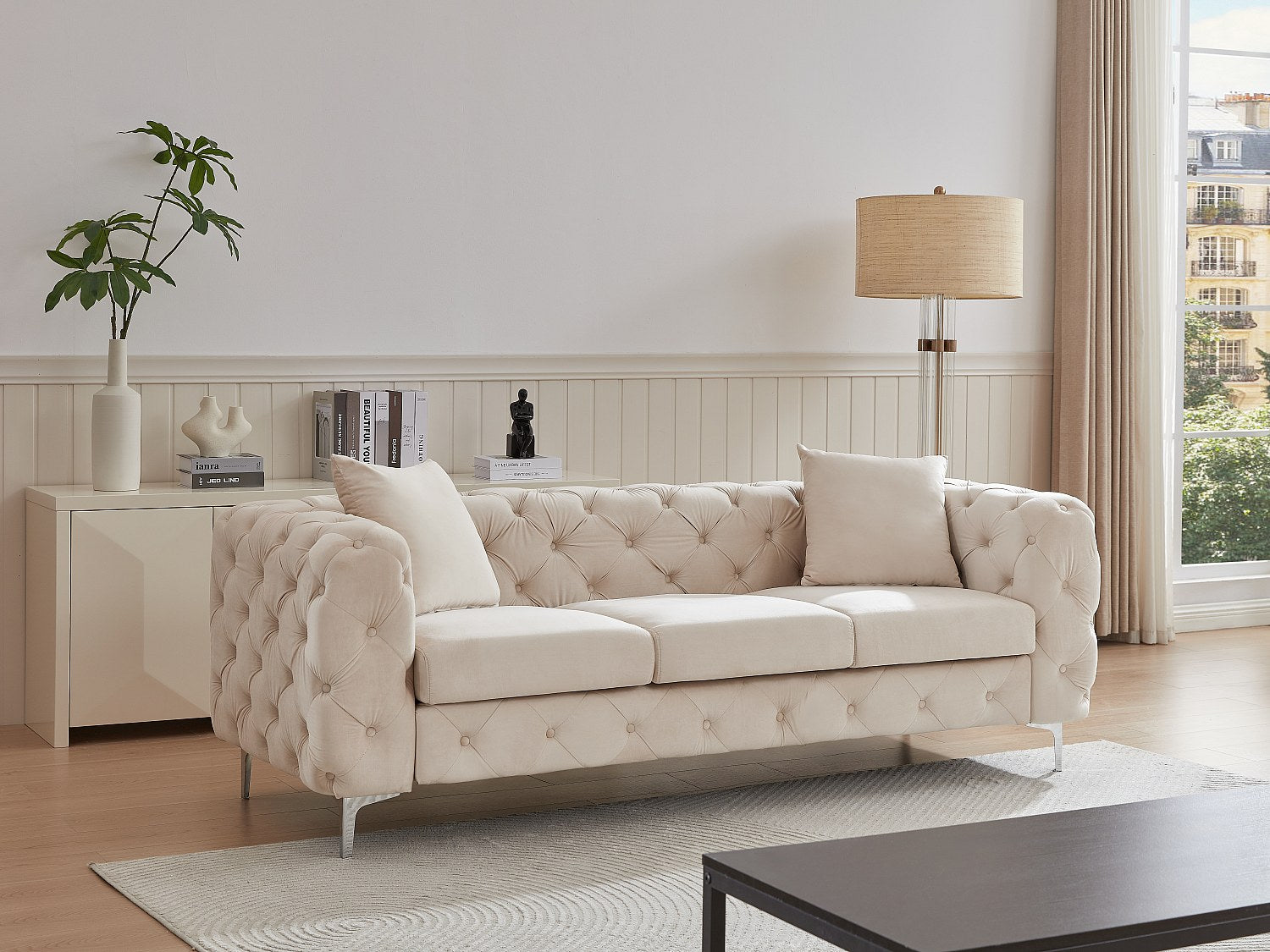 Canapé Chesterfield droit 3 places beige velours - Edwina