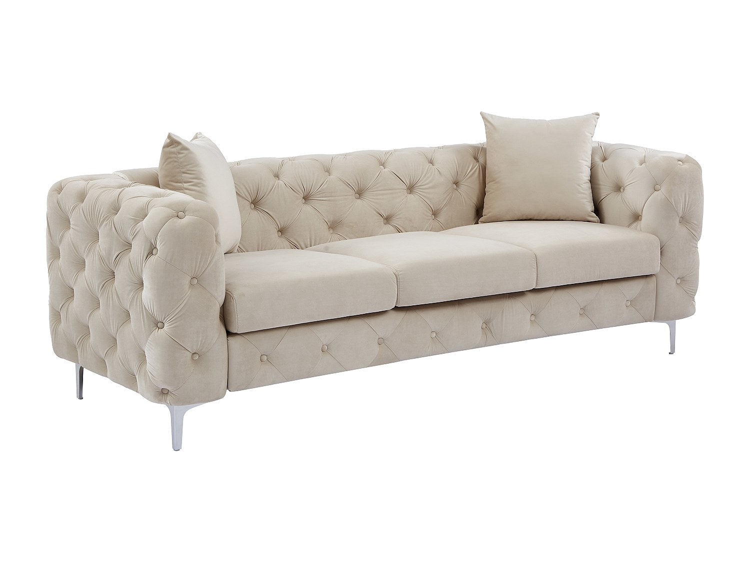 Canapé Chesterfield droit 3 places beige velours - Edwina