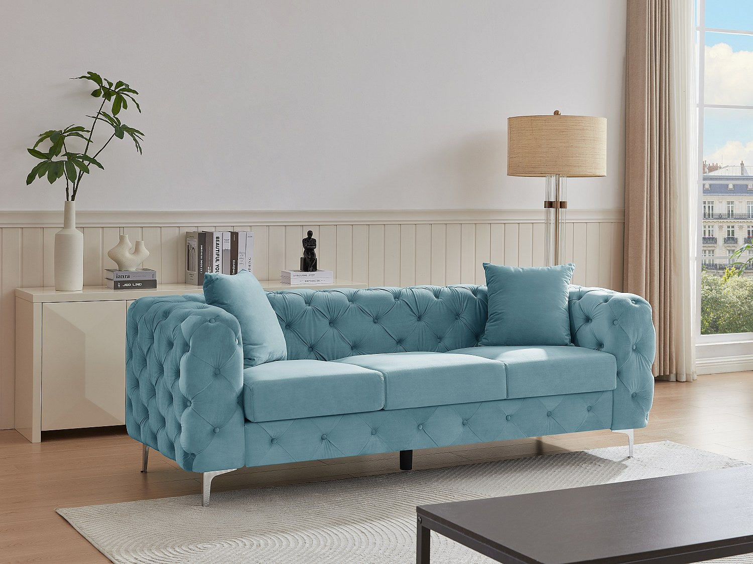 Canapé Chesterfield droit 3 places bleu velours - Edwina