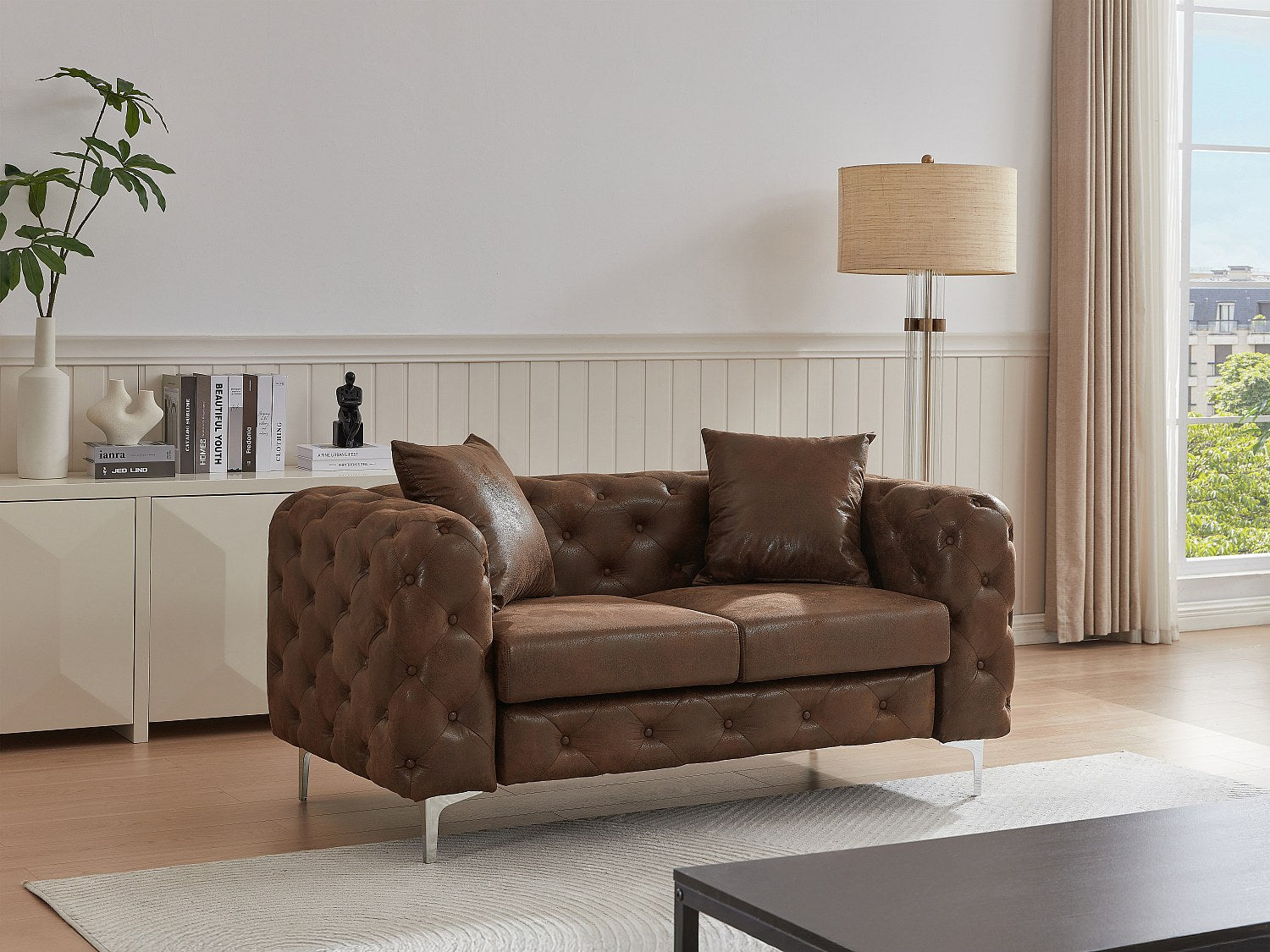 Canapé Chesterfield droit 2 places marron tissu - Edwina