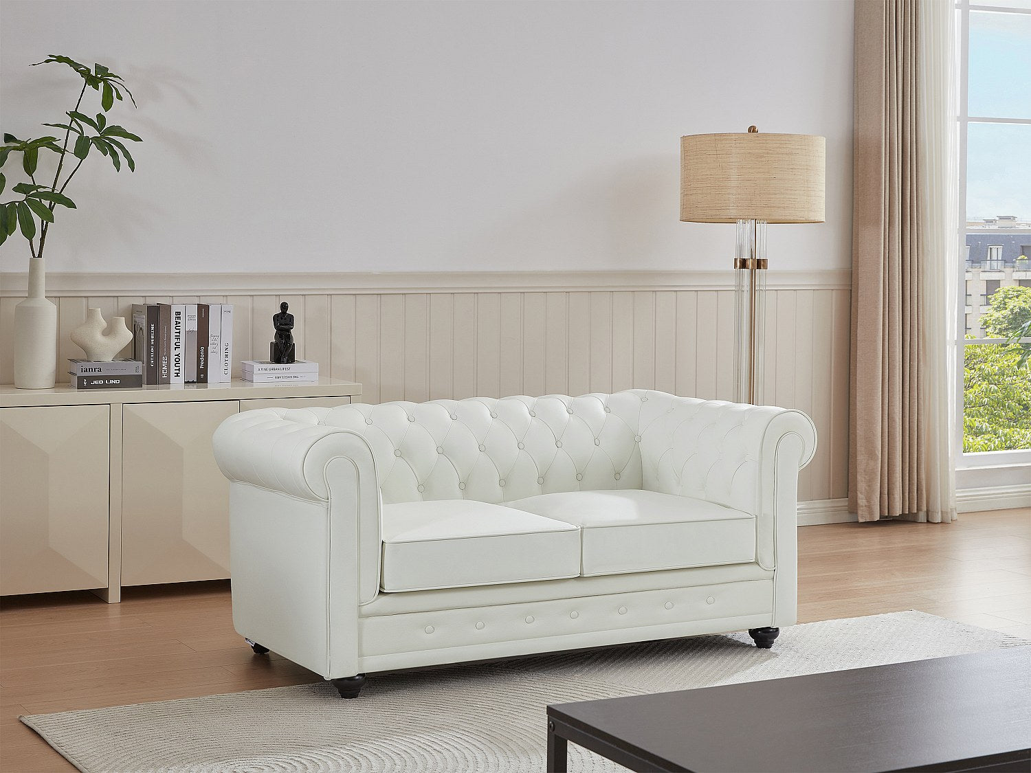 Canapé Chesterfield droit 2 places blanc cuir