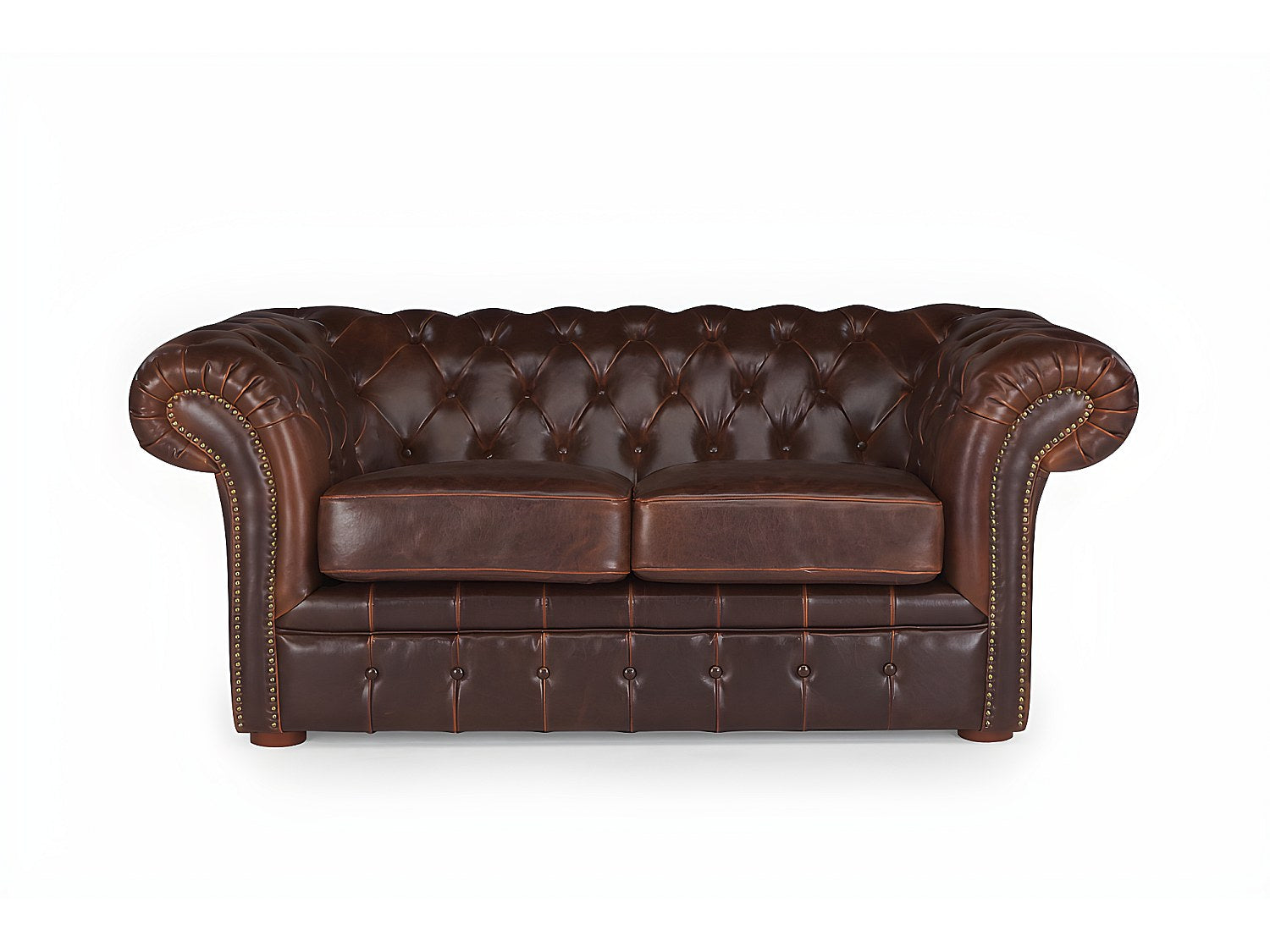 Canapé Chesterfield droit 2 places marron cuir - Clotaire